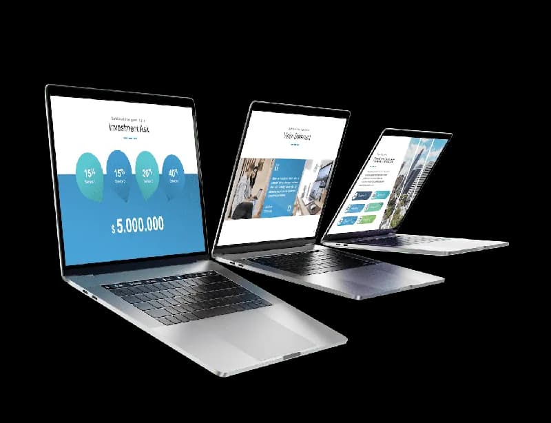 Three MacBooks displaying ExpertSlides presentation templates