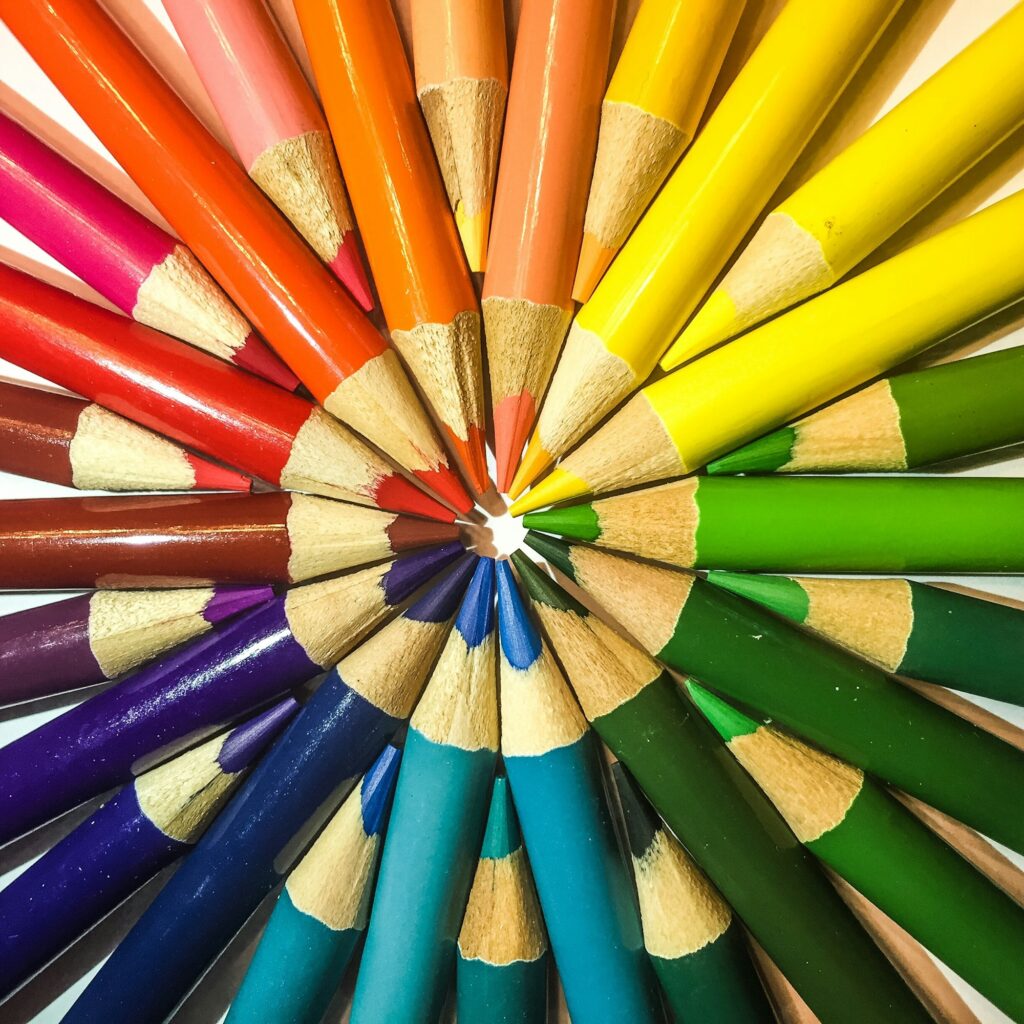 Multi colored rainbow colored colored pencil circle shape to perform a bull’s-eye