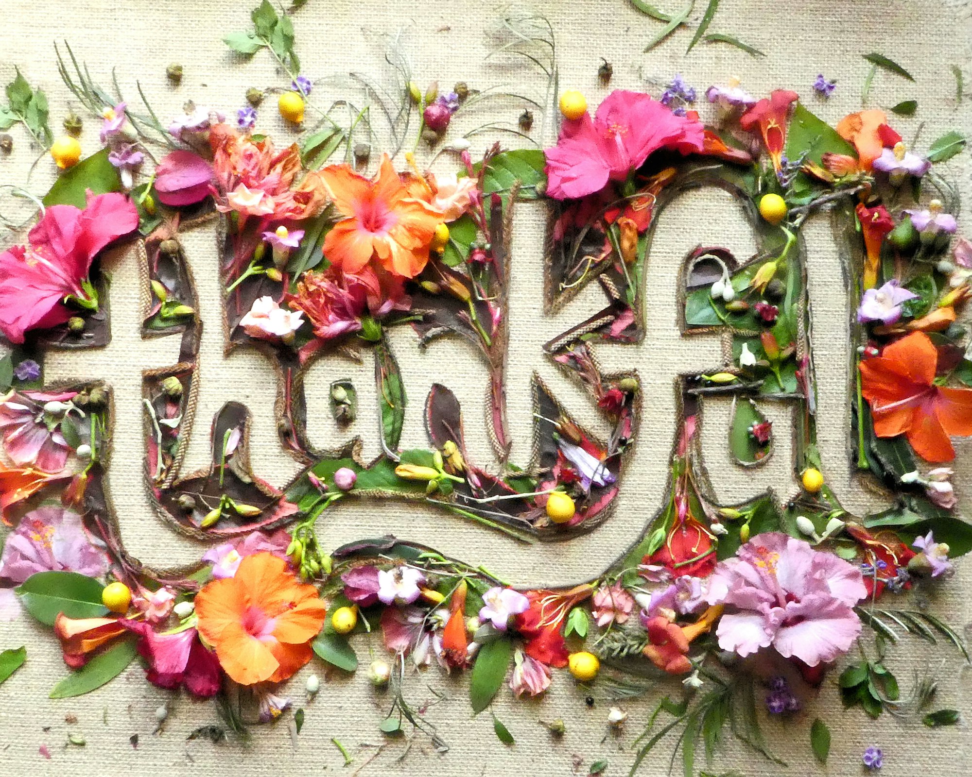 Thankful,creative floral typography made with flowers