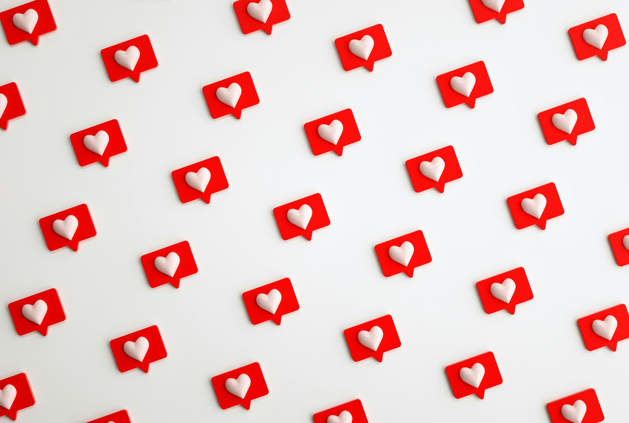 Many 3d social media notifications Love like heart icon in red rounded square pin pattern. 3d render