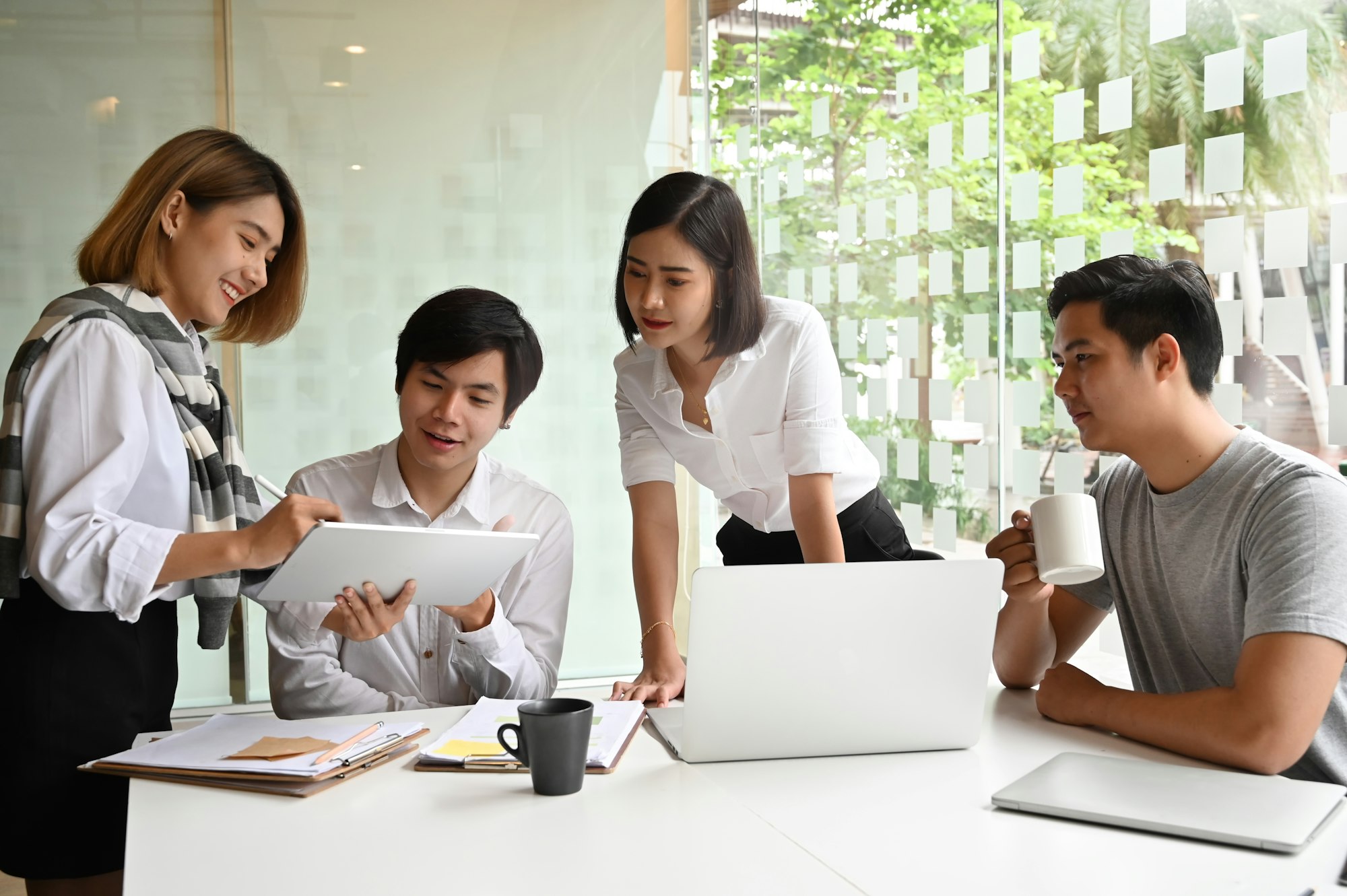 Communication of young business, Motivated startup business meeting on modern office table.