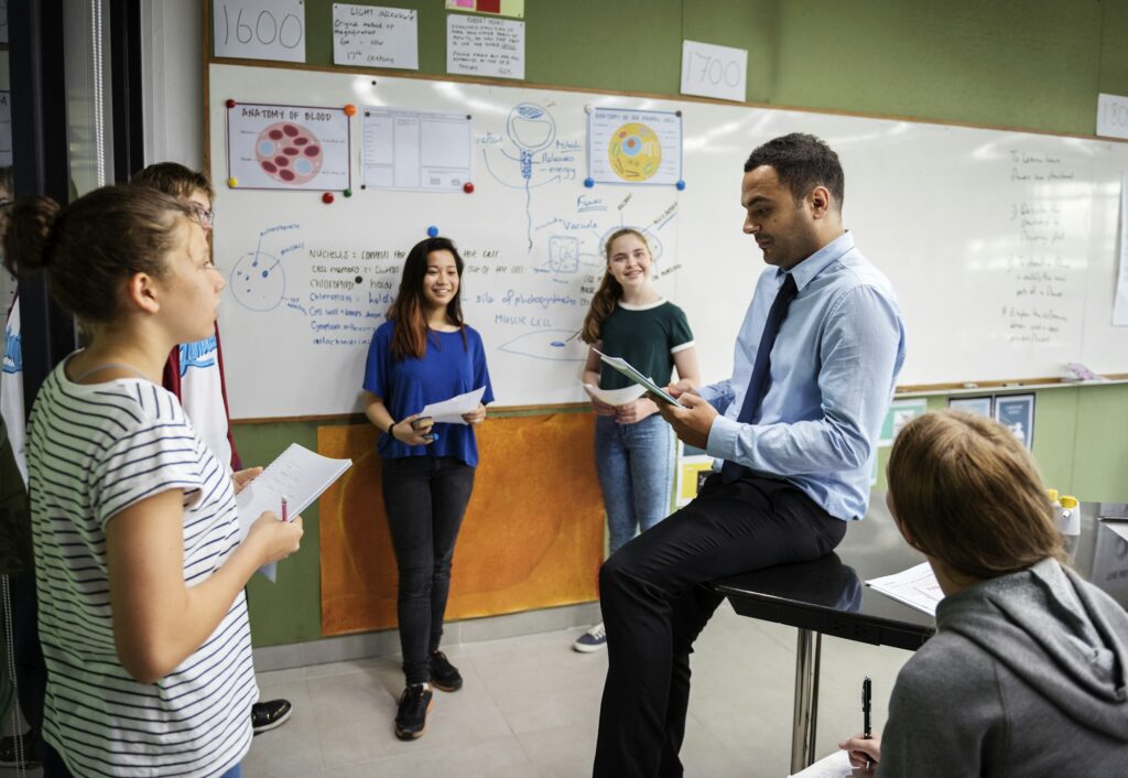 Group of students presentation in classroom