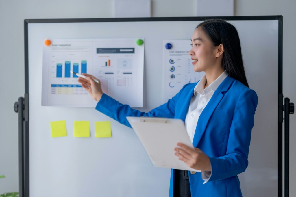 Professional businesswoman giving business presentation with charts on whiteboard