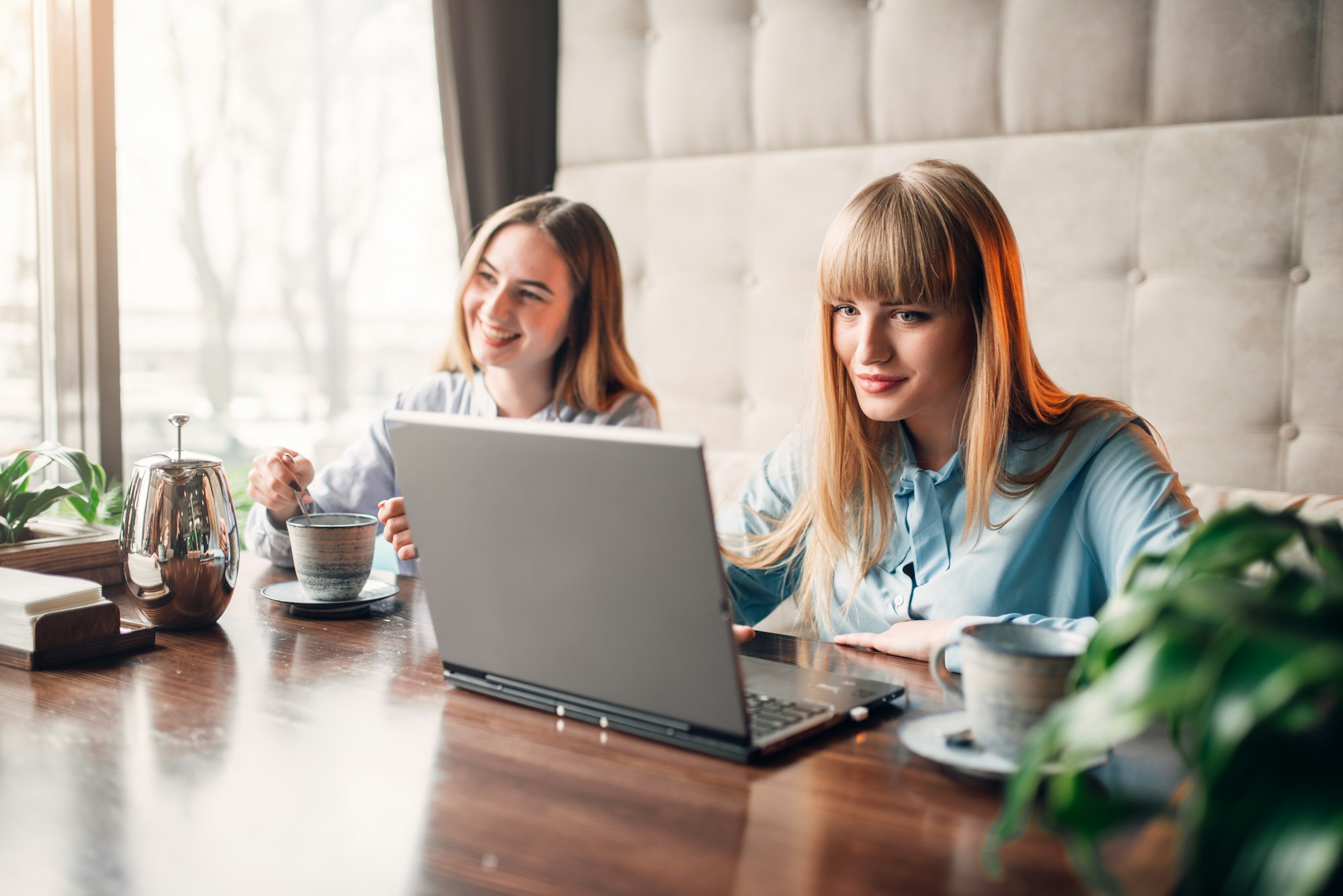 Young girlfriends looks at the goods on laptop