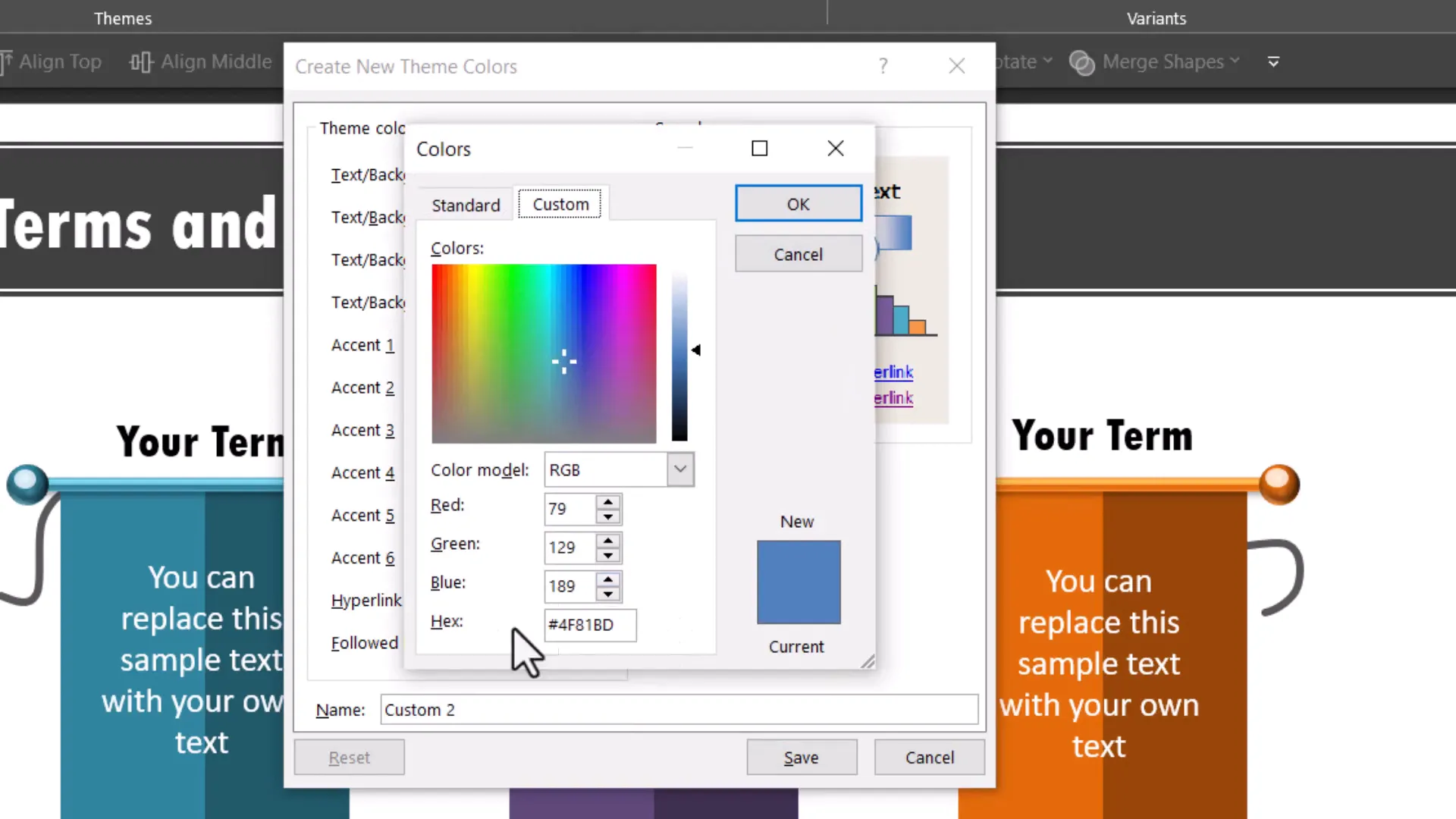 PowerPoint More Colors dialog with hex code field