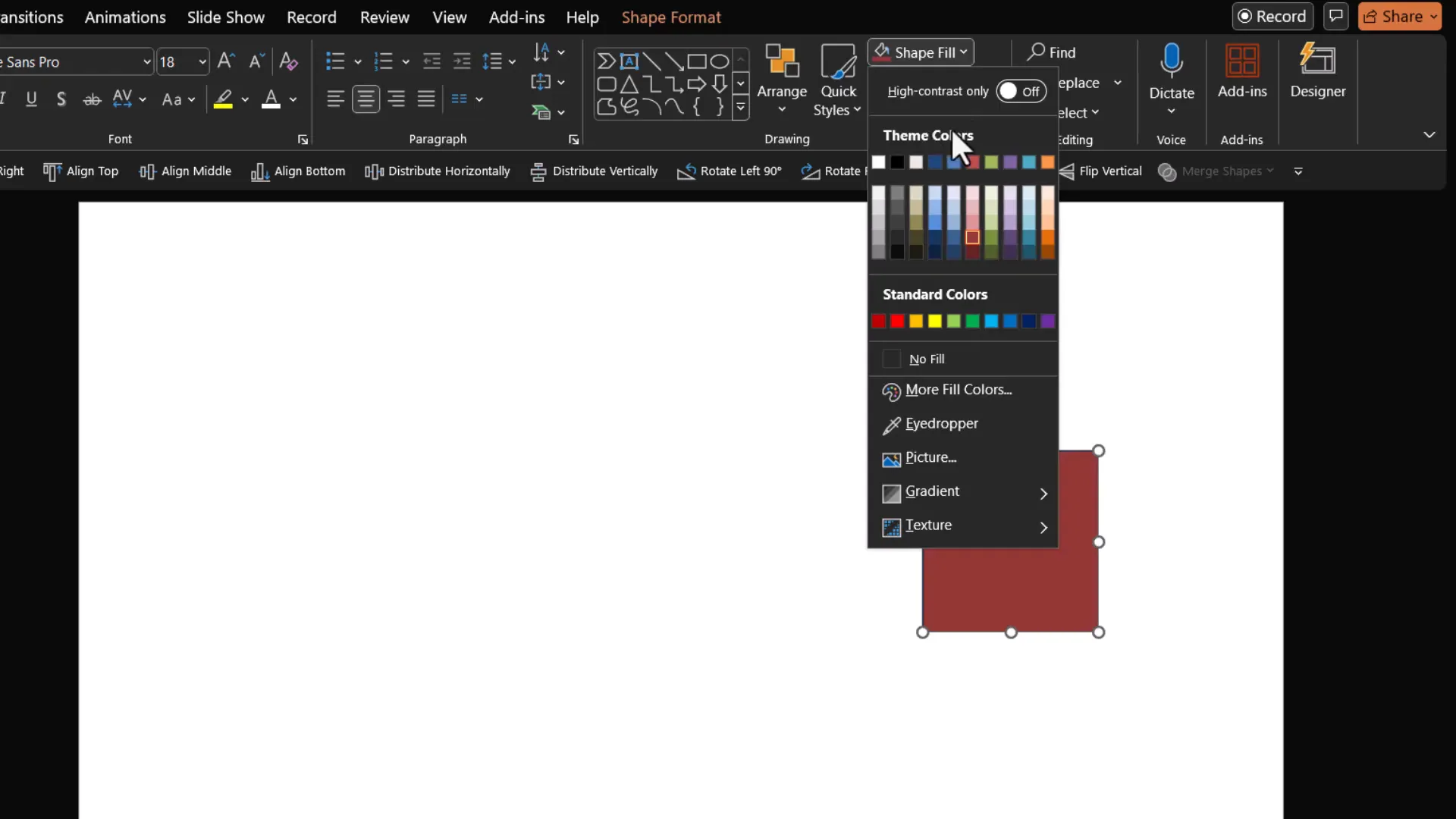 Shape Fill menu showing theme colors and standard colors