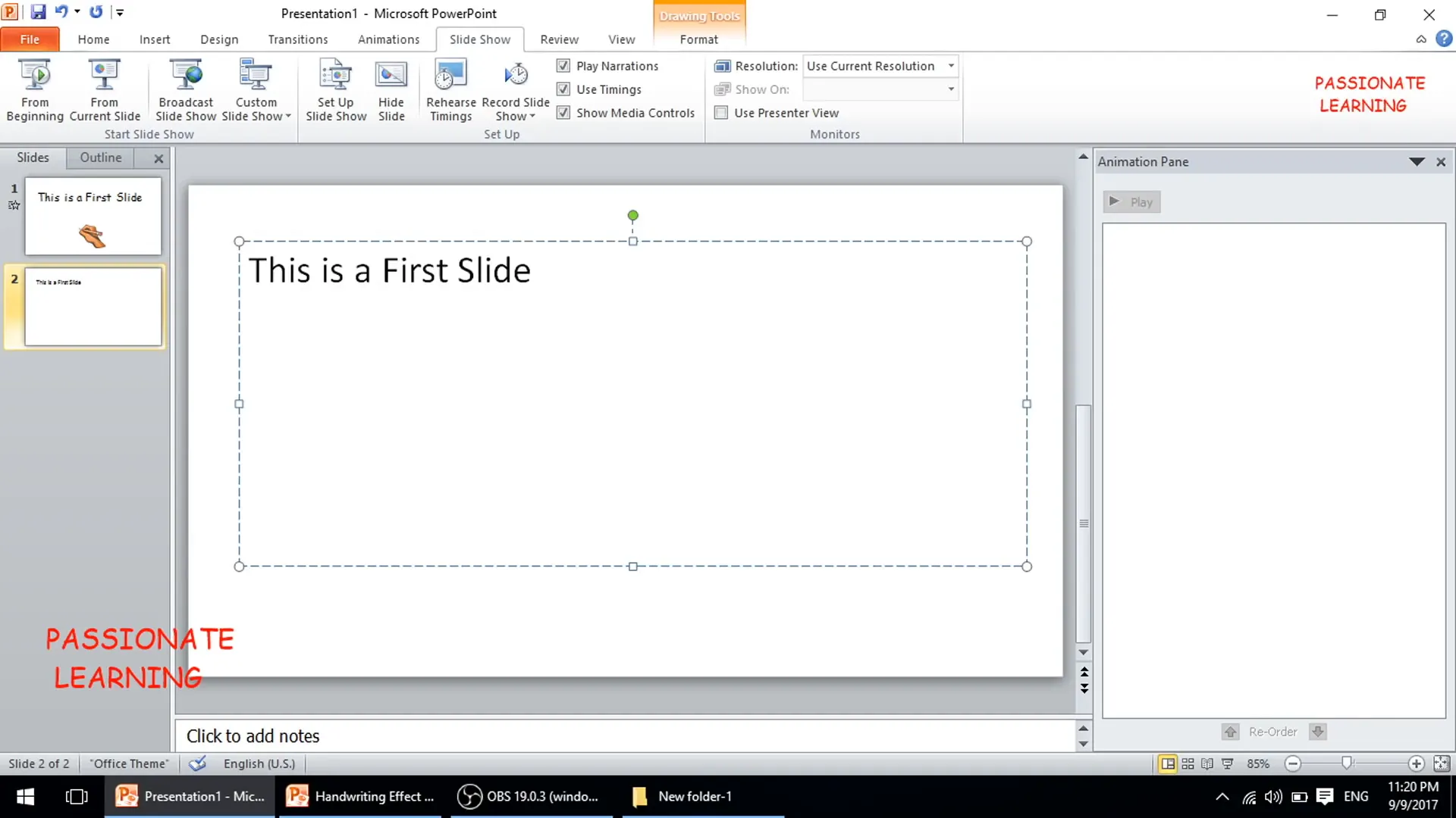 Preparing slide text for second handwriting method