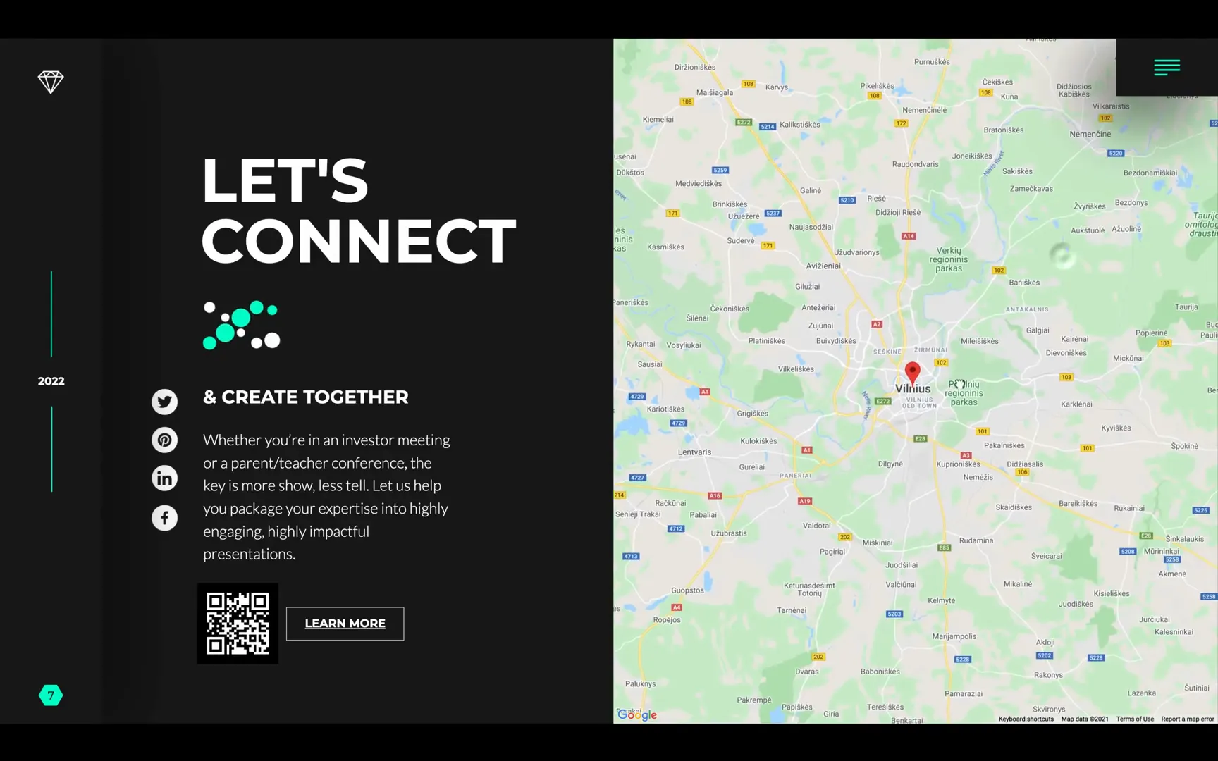 Contact slide with zoomable map, animated icon, social icons, and QR code