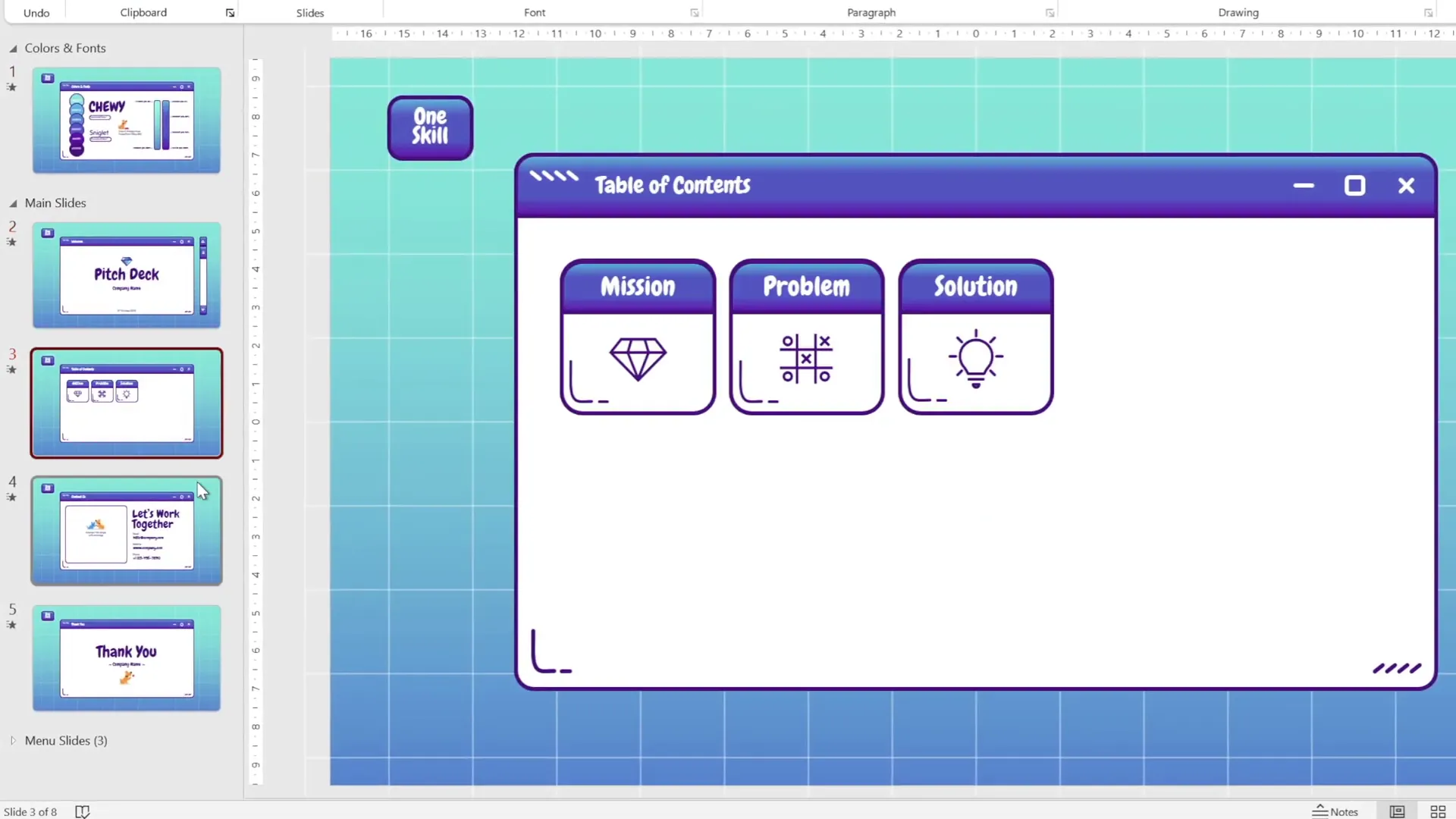 Presentation structure overview with main, table of contents, and menu slides