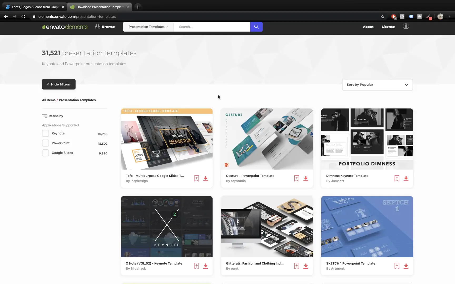 Envato Elements homepage showcasing presentation templates
