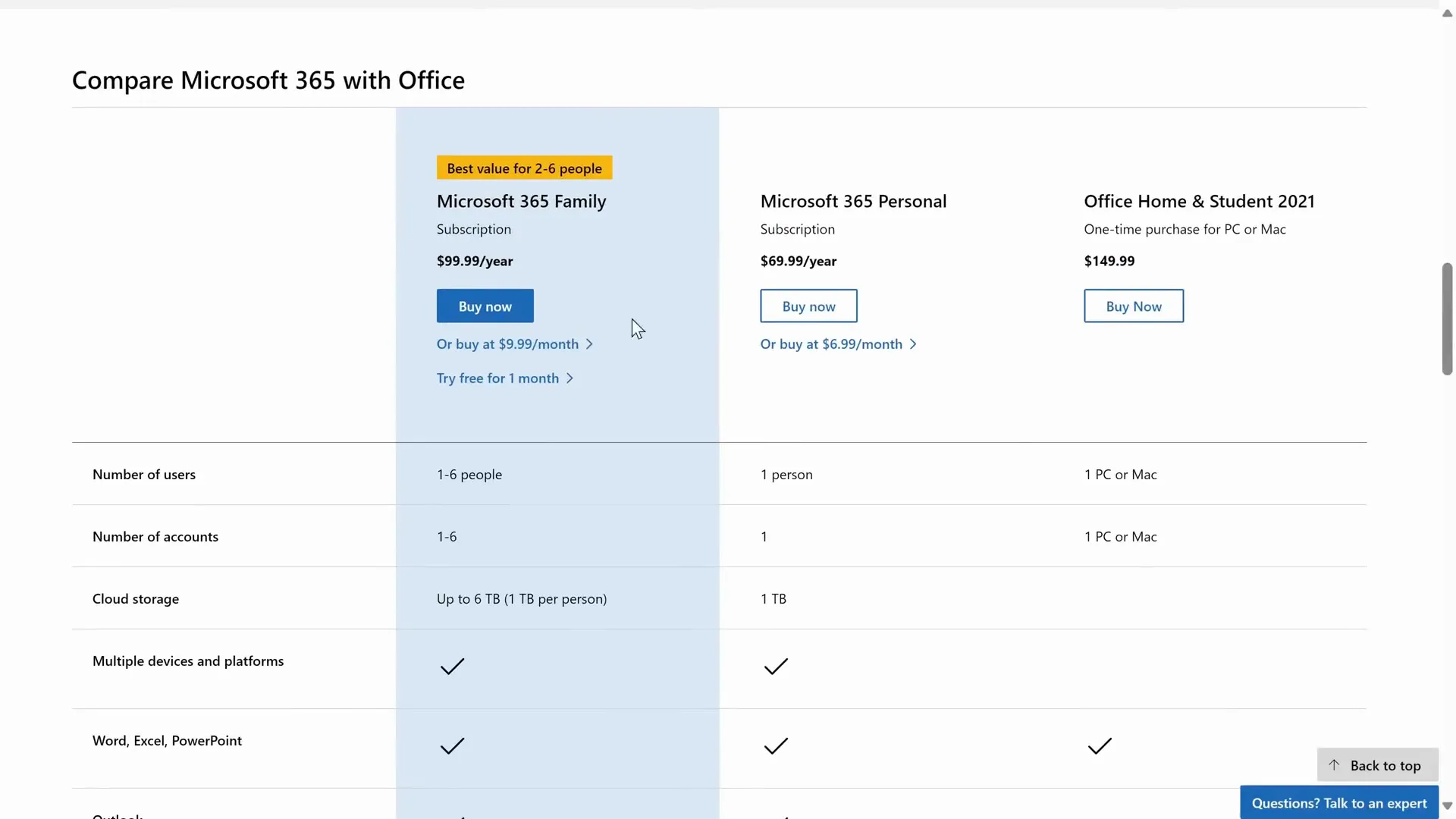 Microsoft 365 subscription options page to get PowerPoint app