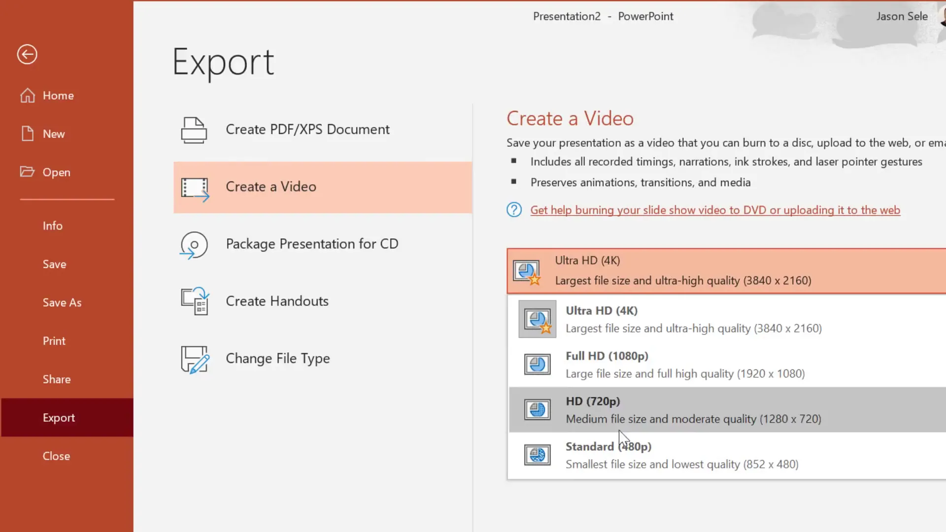 Exporting PowerPoint presentation as HD video