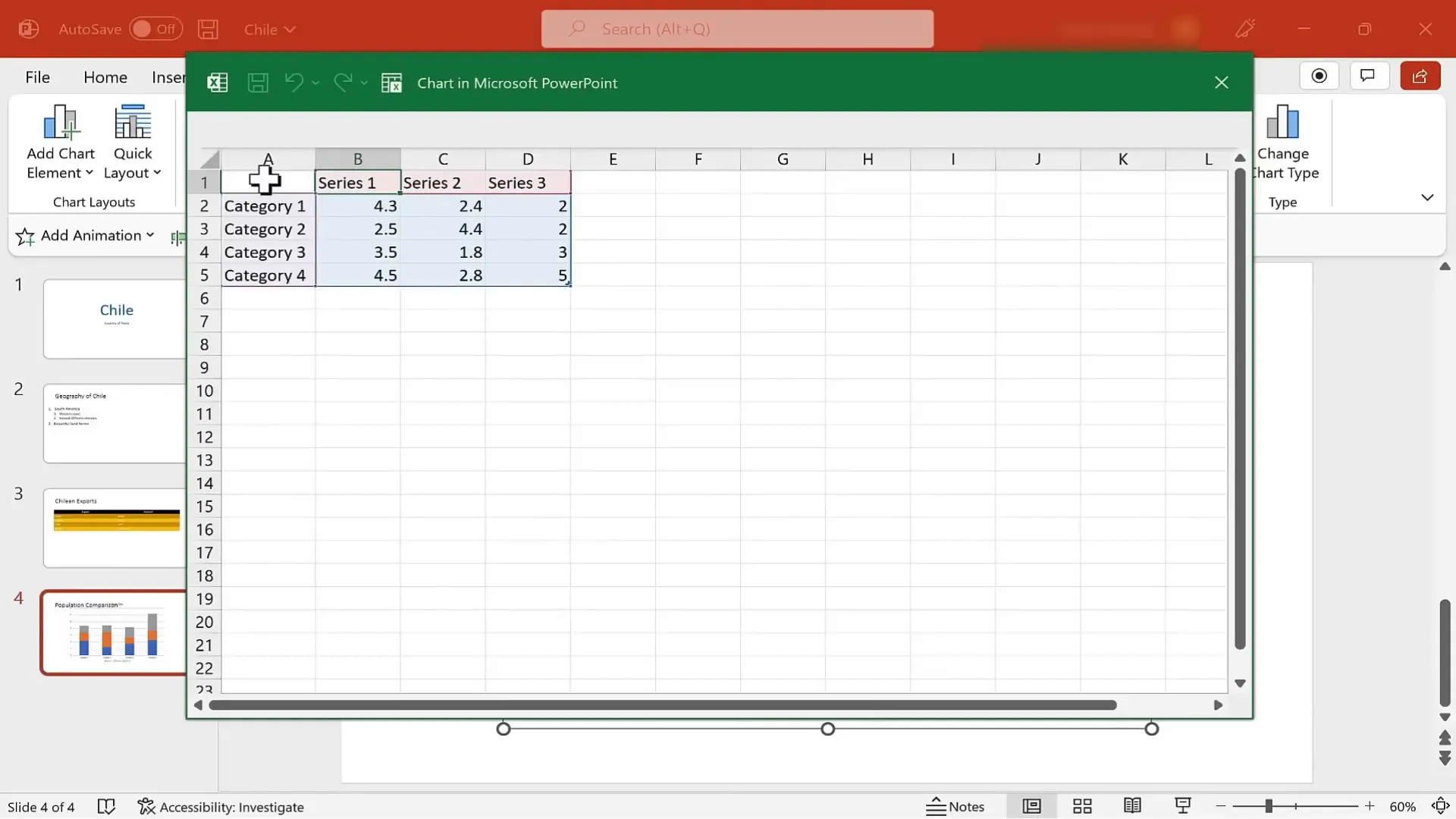 Editing chart data with embedded Excel window