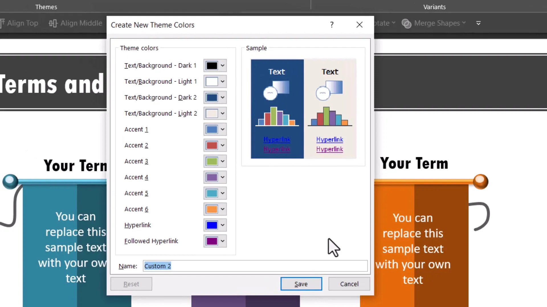 PowerPoint Design tab Variants dropdown showing Customize Colors option