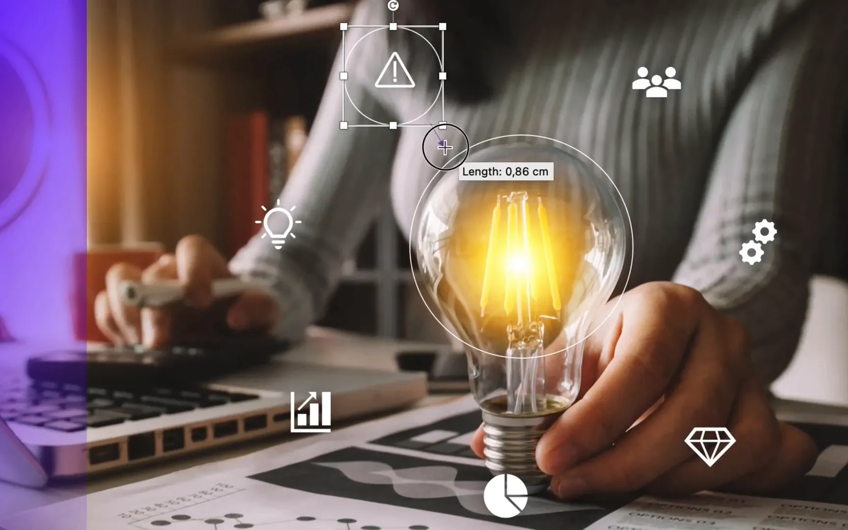 Circles and arrows connecting icons around central image in PowerPoint