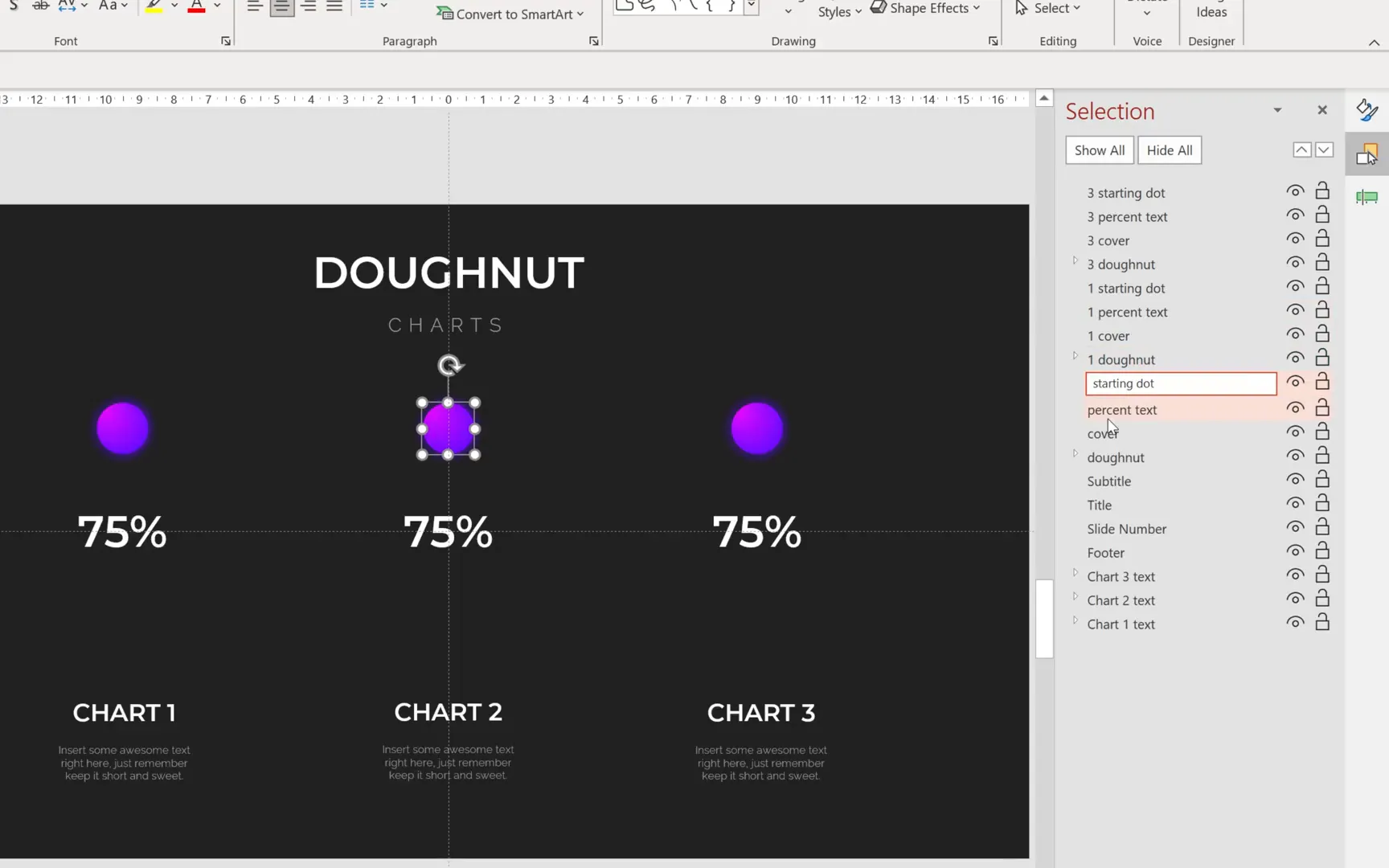 Duplicating doughnut charts and arranging them on slide