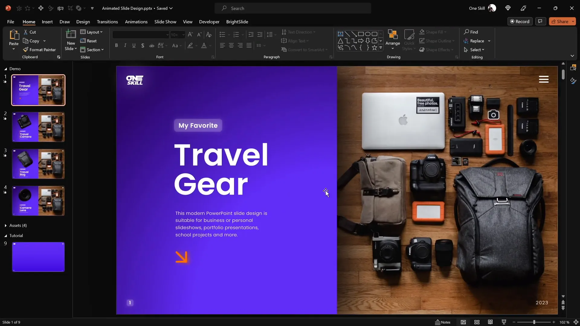 Clickable animated slide with photo and pop-out items