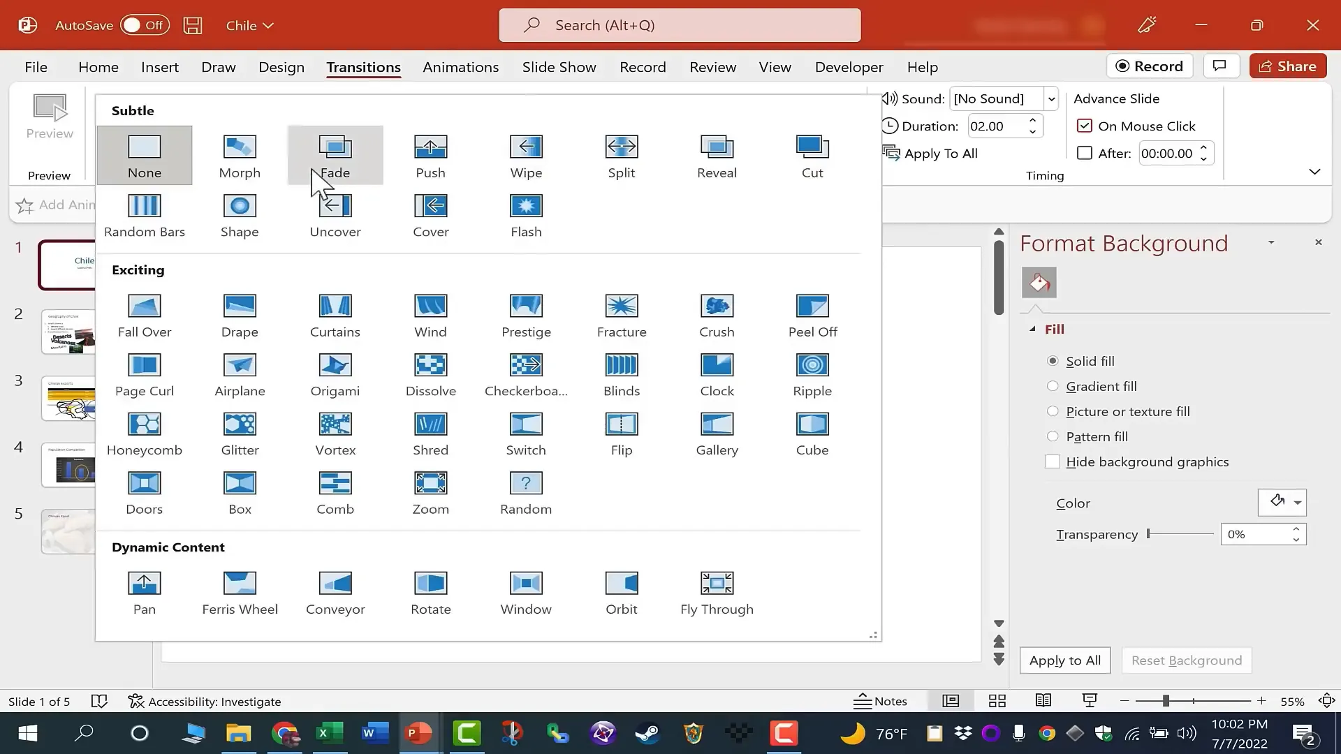 Applying transitions between slides