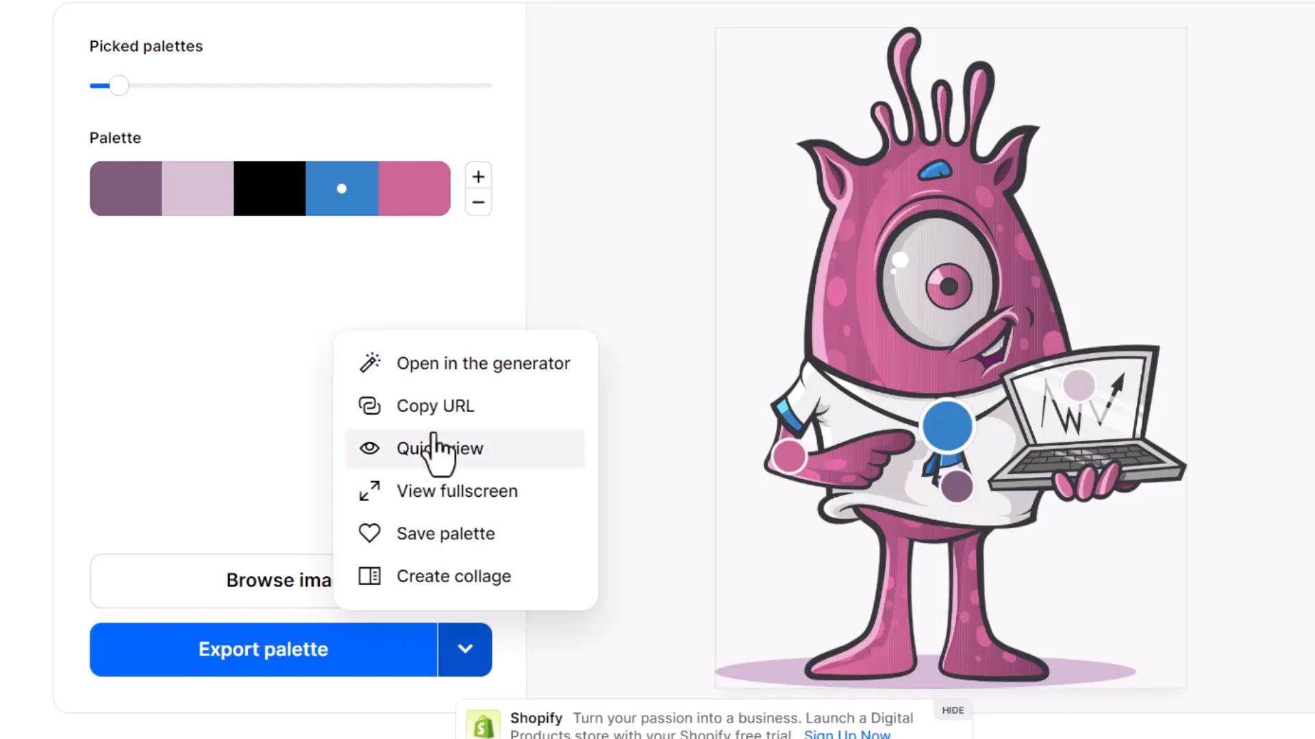 Opening palette in Coolors.co generator for customization