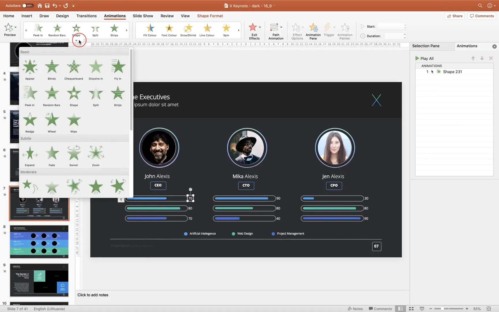Animating bars with wipe effect and text with fade effect