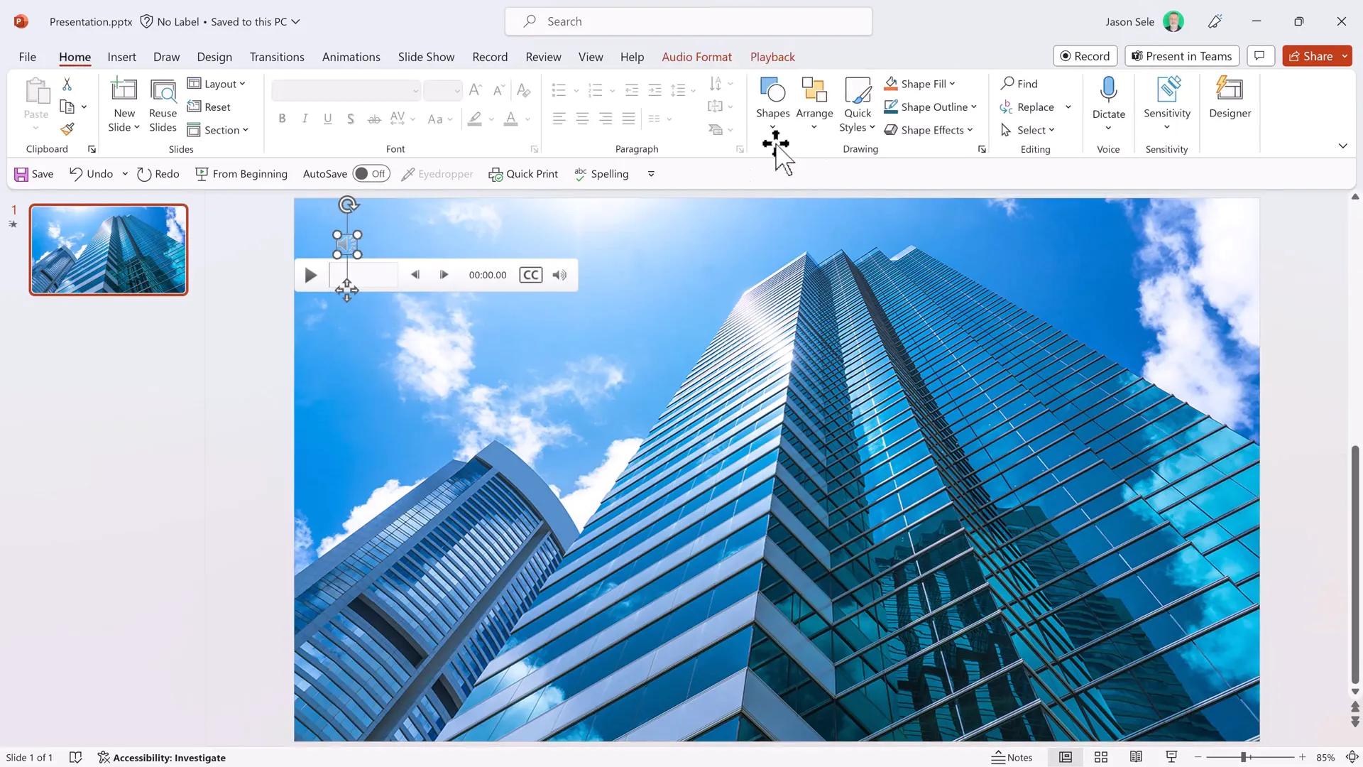 PowerPoint slide with image covering audio icon, adjusting layering options