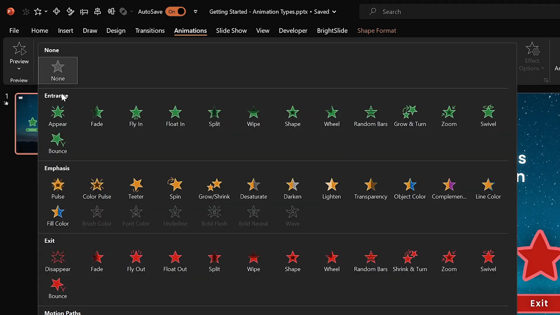 Animations tab with animation options for a green star