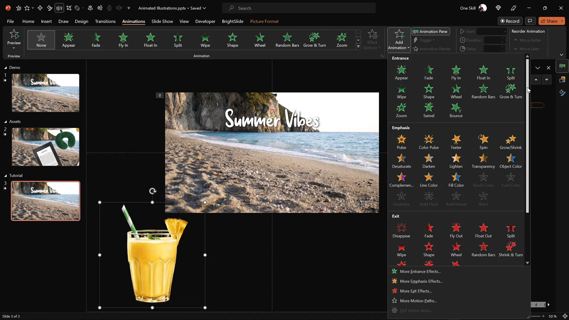 Cocktail glass illustration with motion path animation