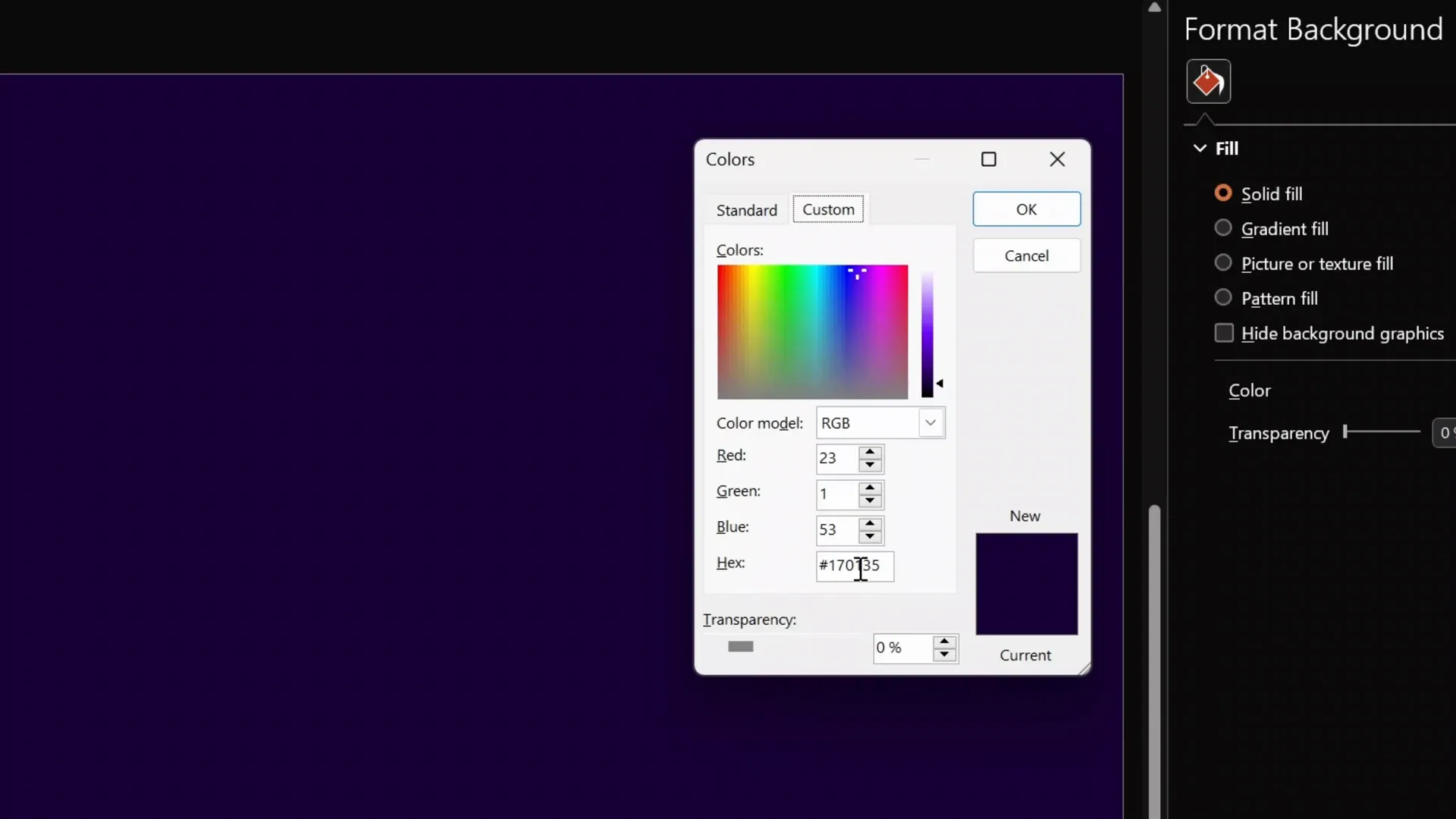 PowerPoint background fill color selection