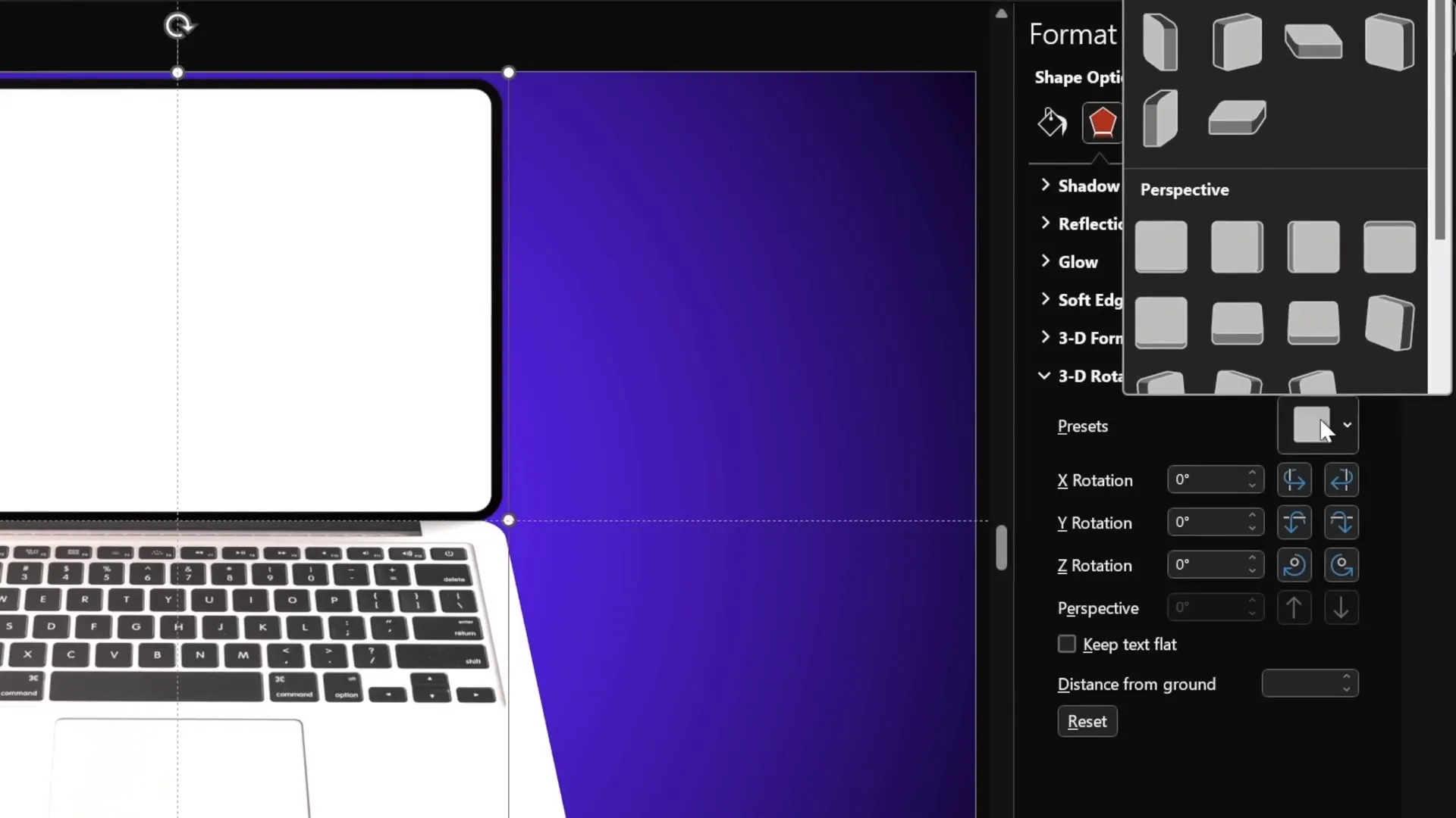 Setting rotation centers and depth for photo-based laptop screen