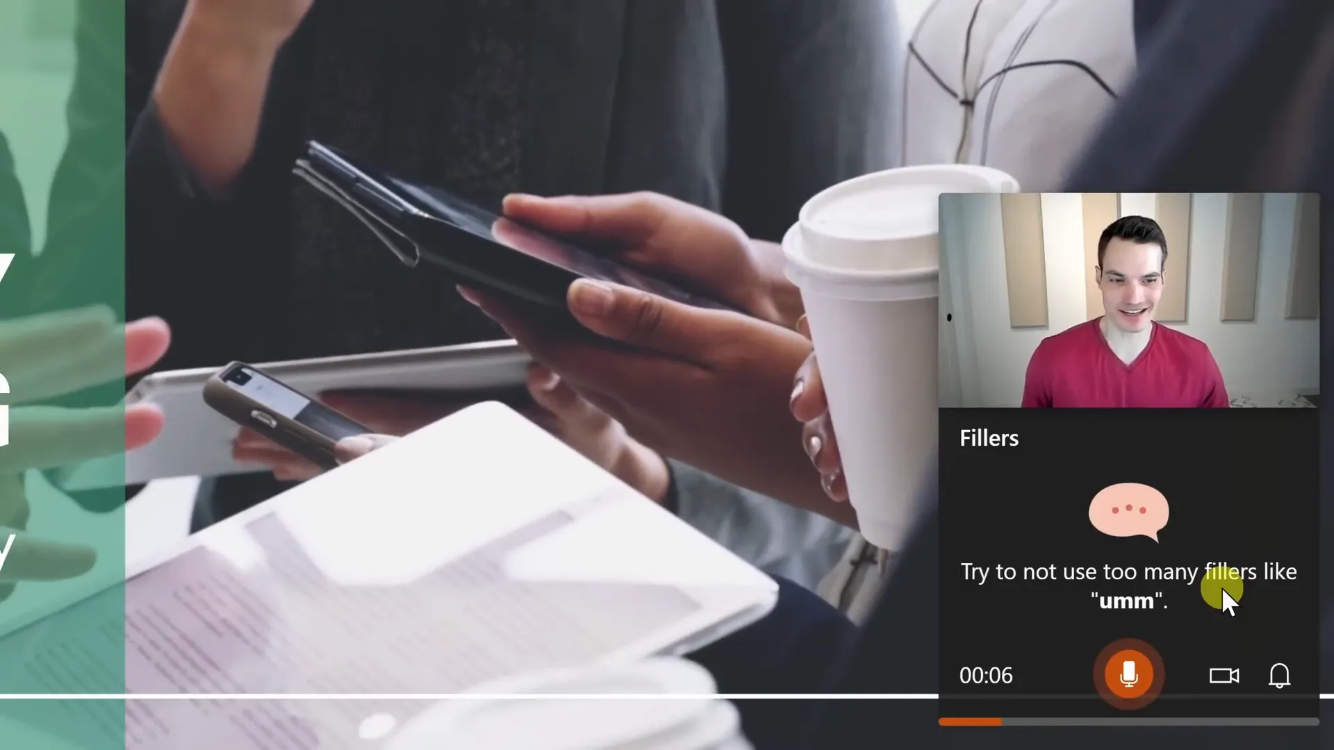 Rehearse with Coach showing real-time feedback