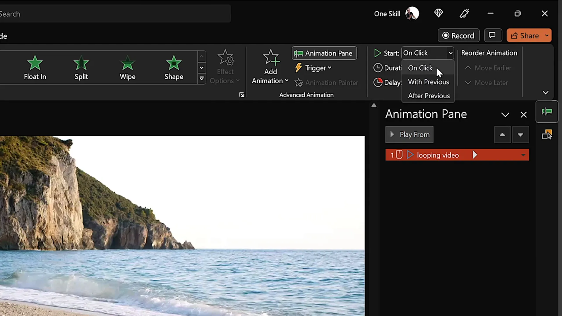 Video background inserted and set to loop automatically in PowerPoint