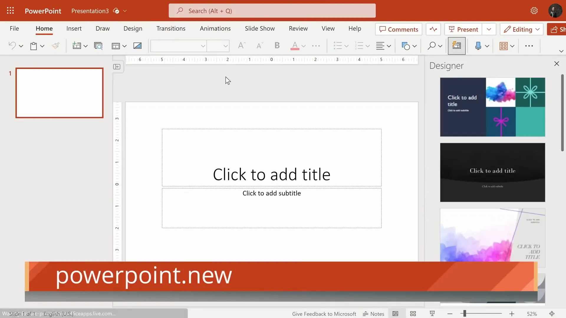 Opening PowerPoint in a web browser showing a blank new presentation