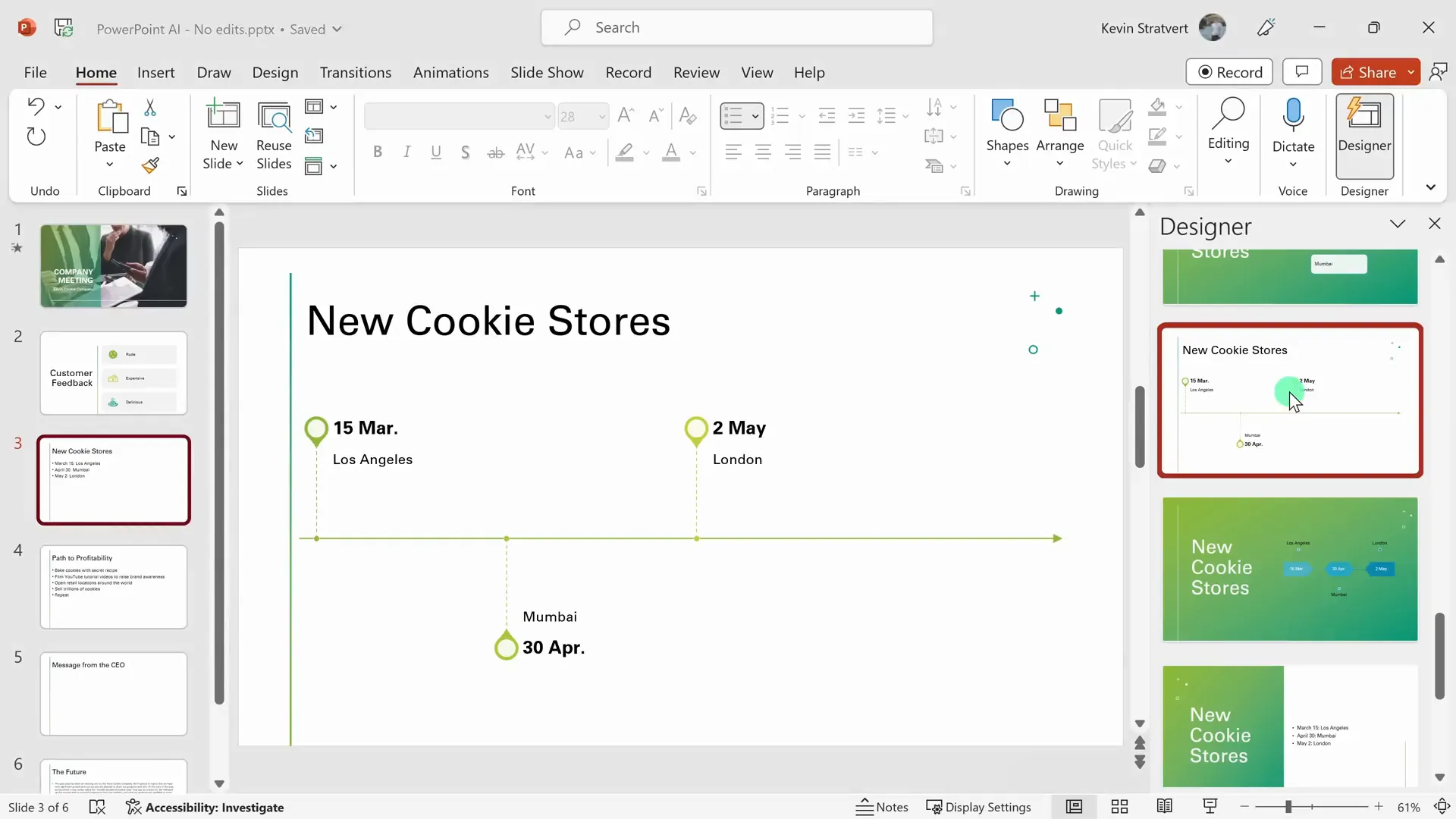 Timeline slide design suggested by PowerPoint Designer