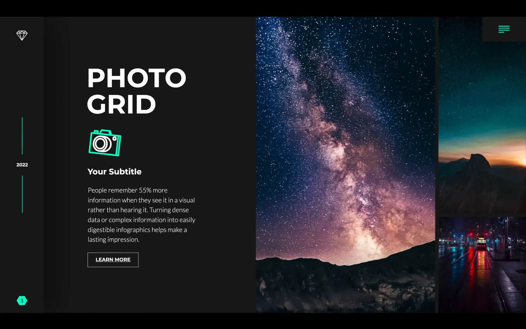 Photo grid slide layout with animated camera icon