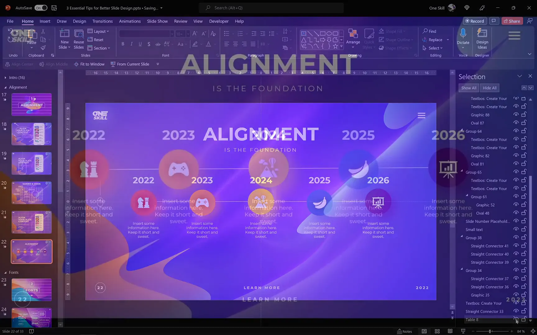 Final aligned timeline slide with equal spacing and grouping