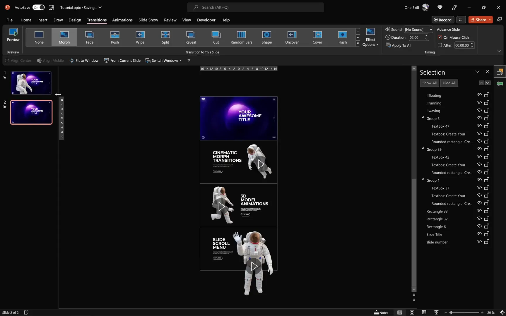 Morph transition settings in PowerPoint