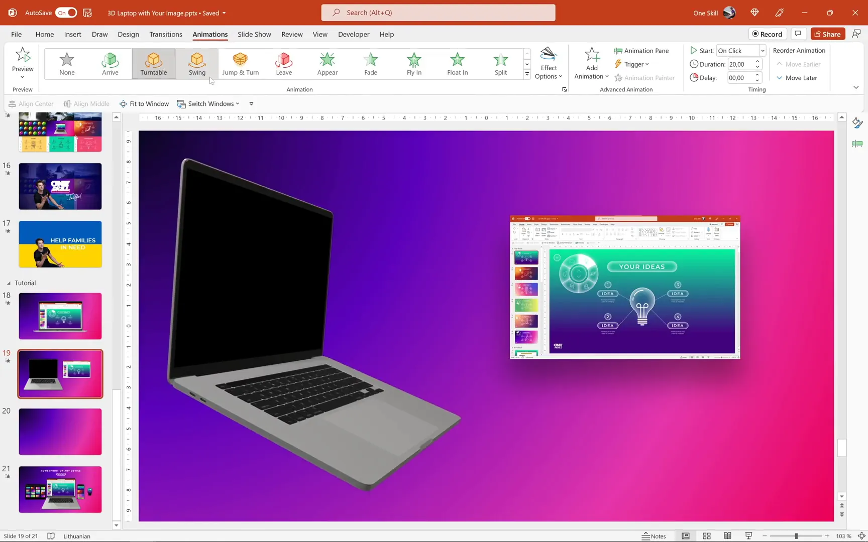 3D model rotation handle and animation pane in PowerPoint