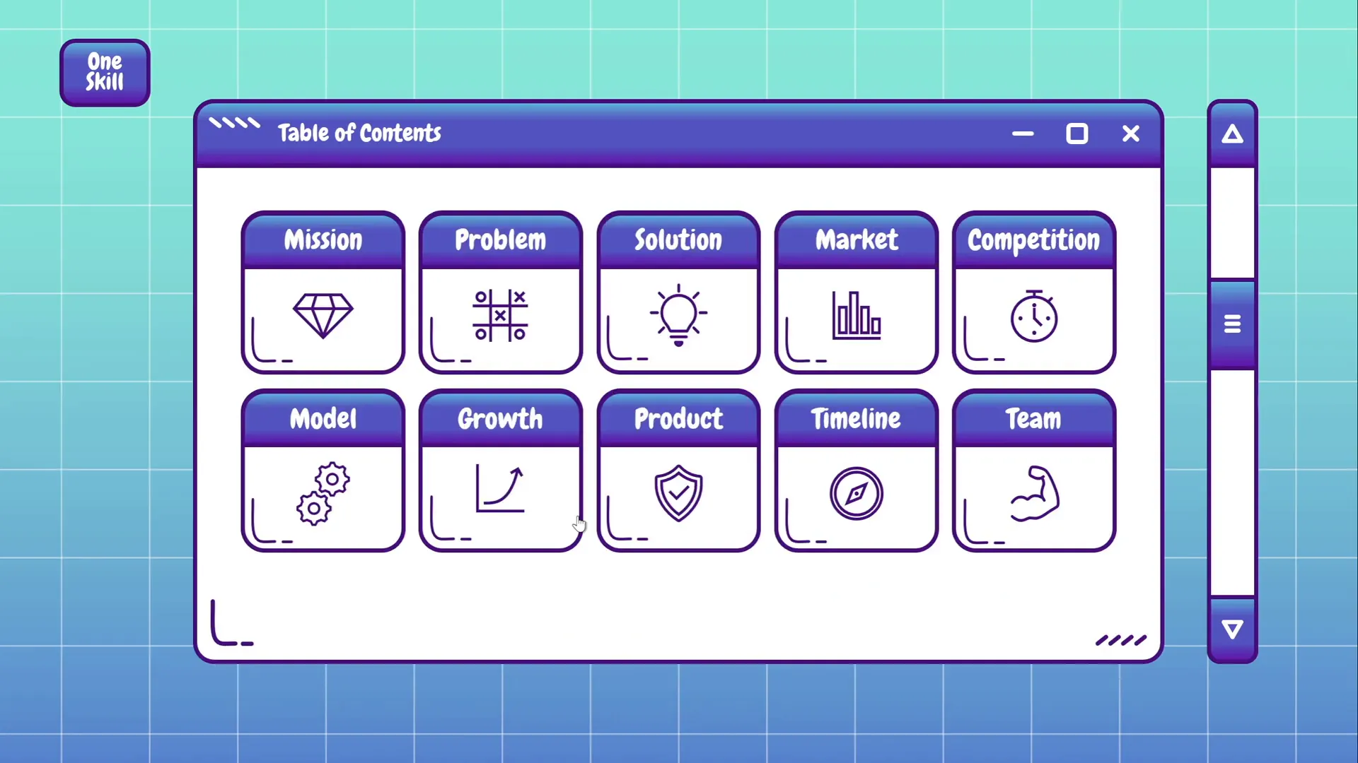 Overview of the full version with ten clickable buttons and menu slides