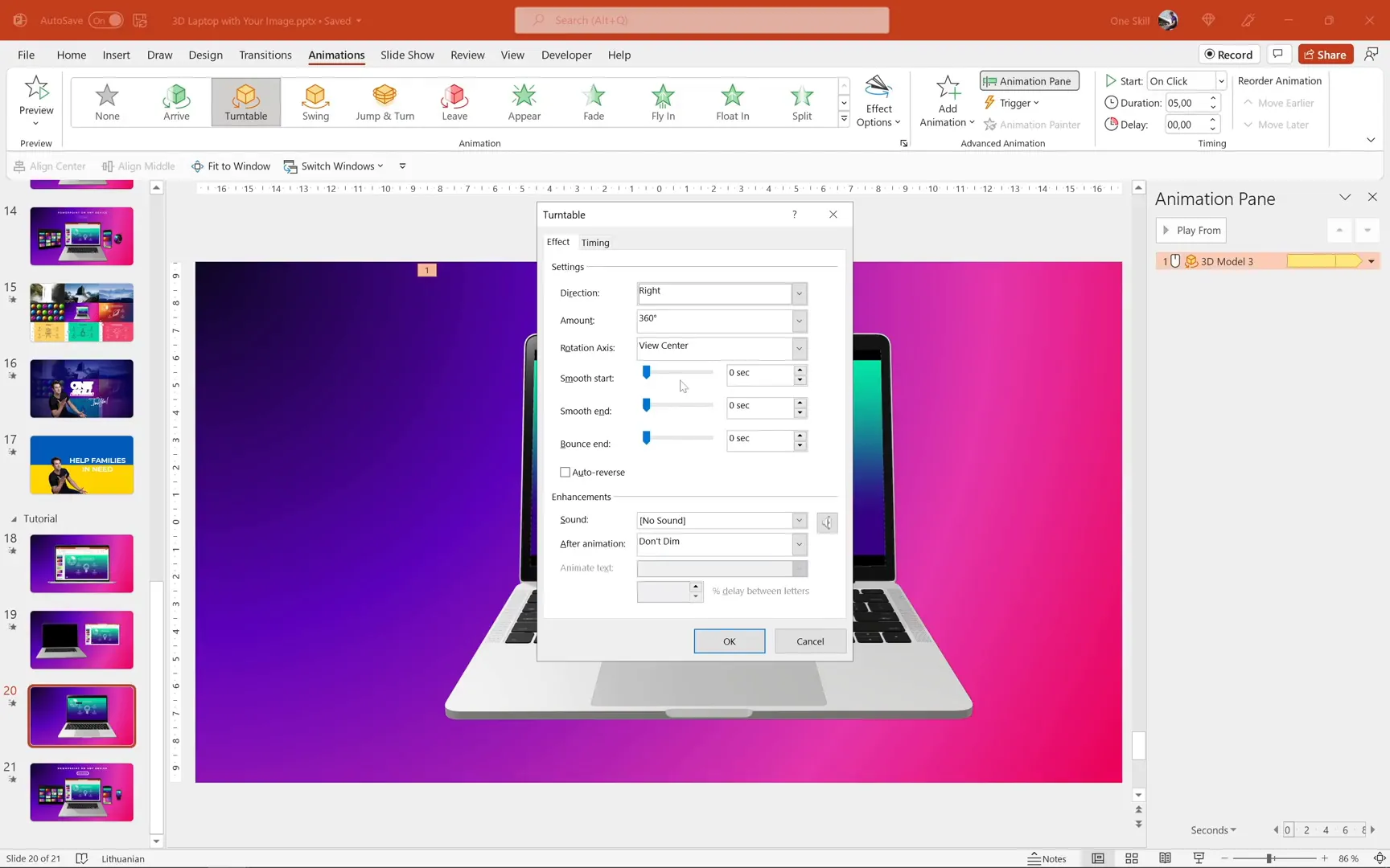 Applying turntable animation to 3D laptop model