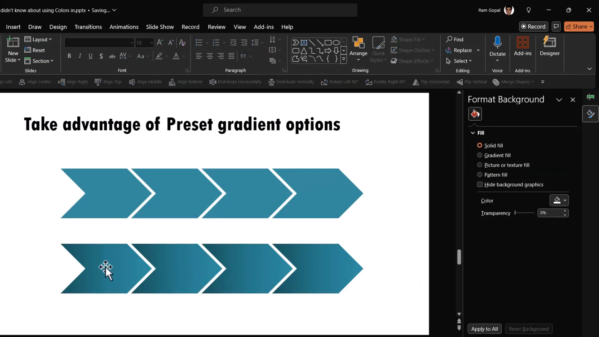 Comparison of flat color vs. gradient fill on shapes