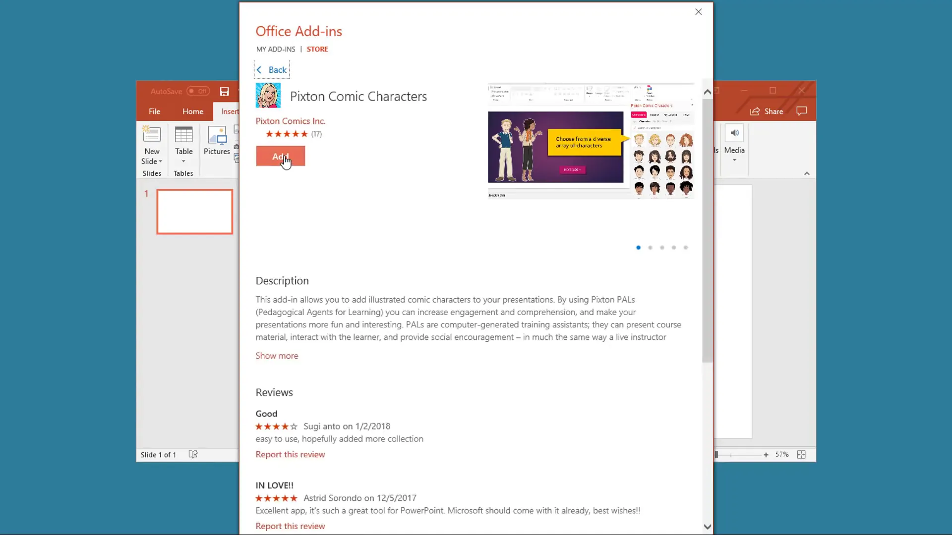 Adding Comic Character Add-in from Microsoft Store in PowerPoint