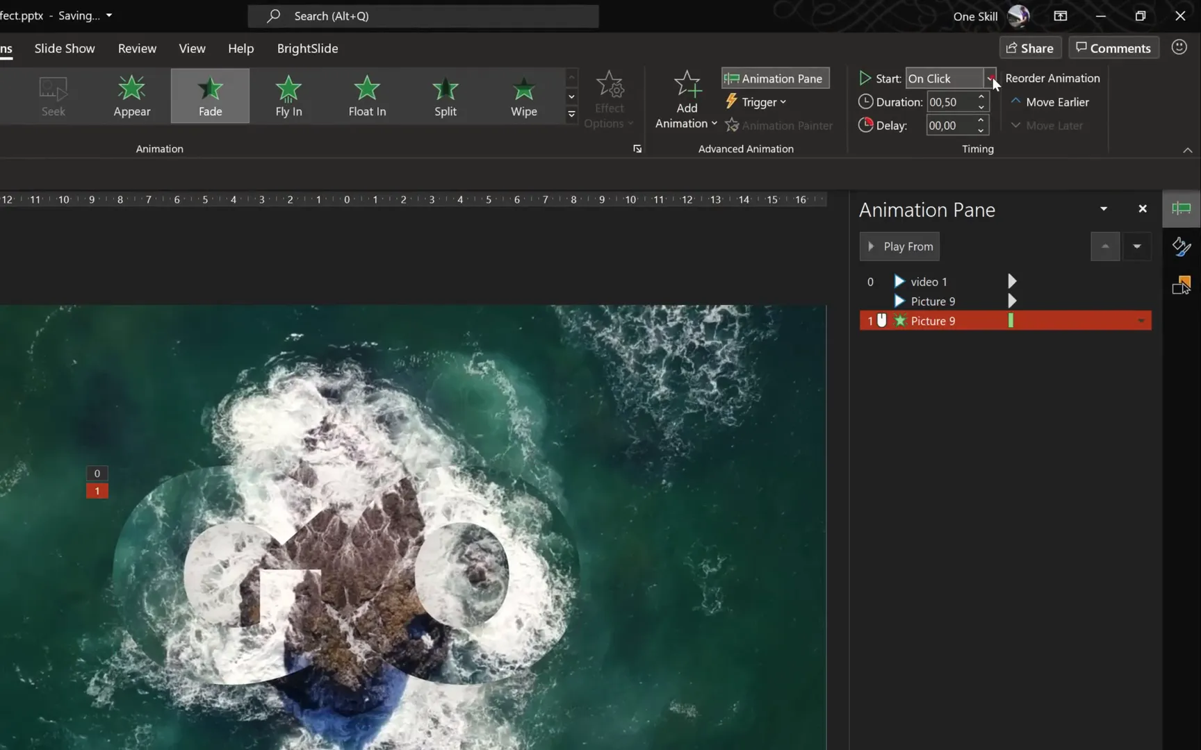 Fade animation settings for video in text