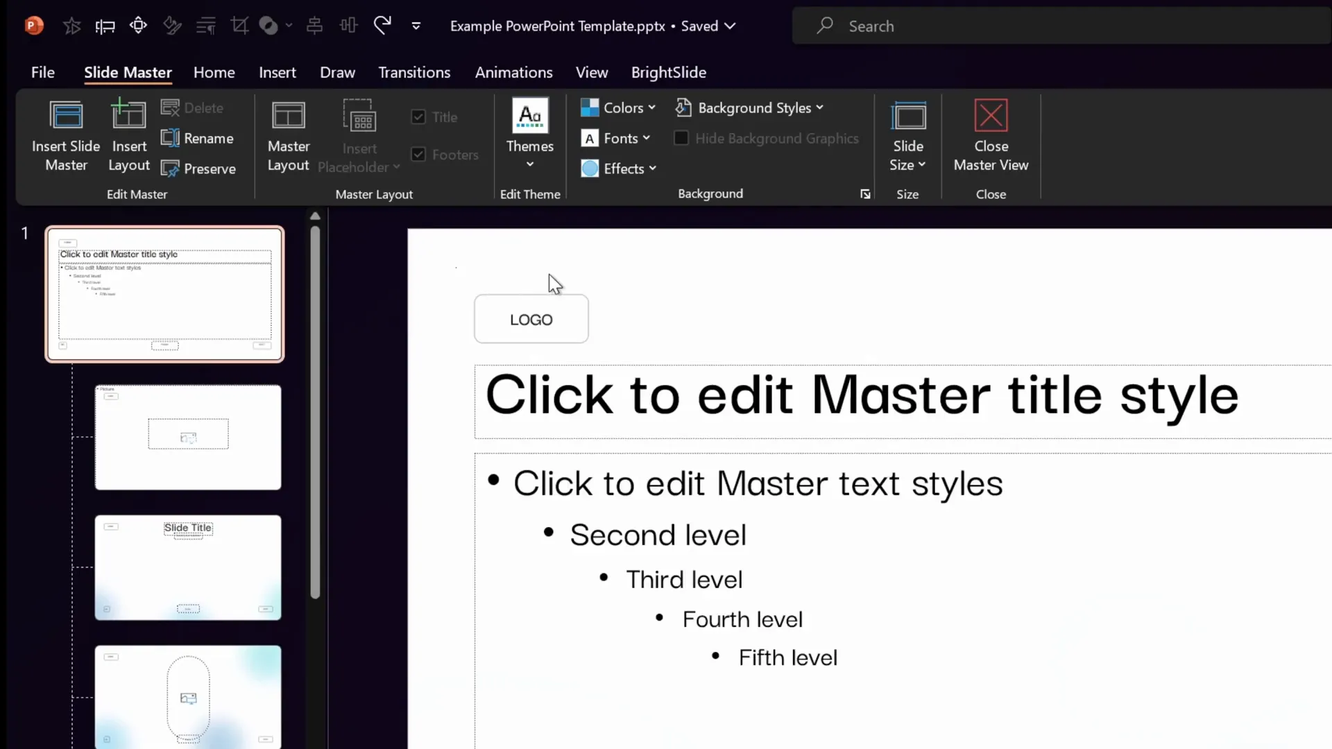 Slide master view showing logo placement