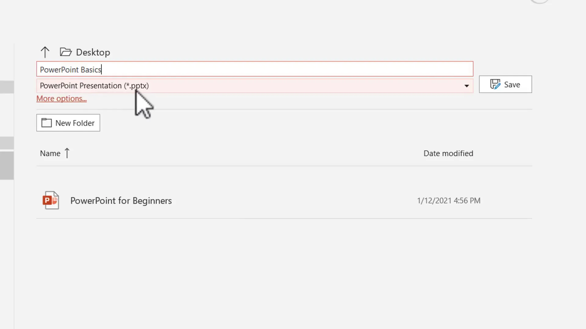 Save As dialog box in PowerPoint with file name and location options