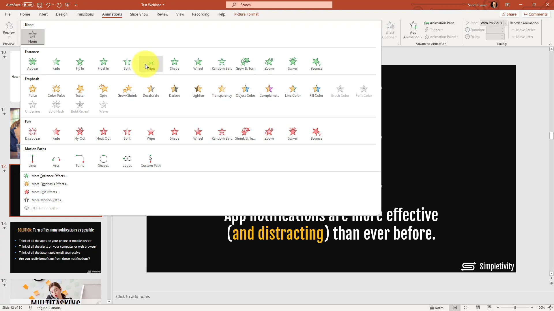 Selecting teeter animation effect in PowerPoint