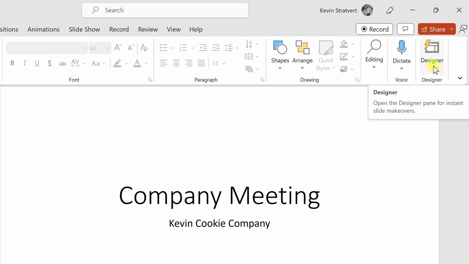 PowerPoint interface showing Home tab and Designer button