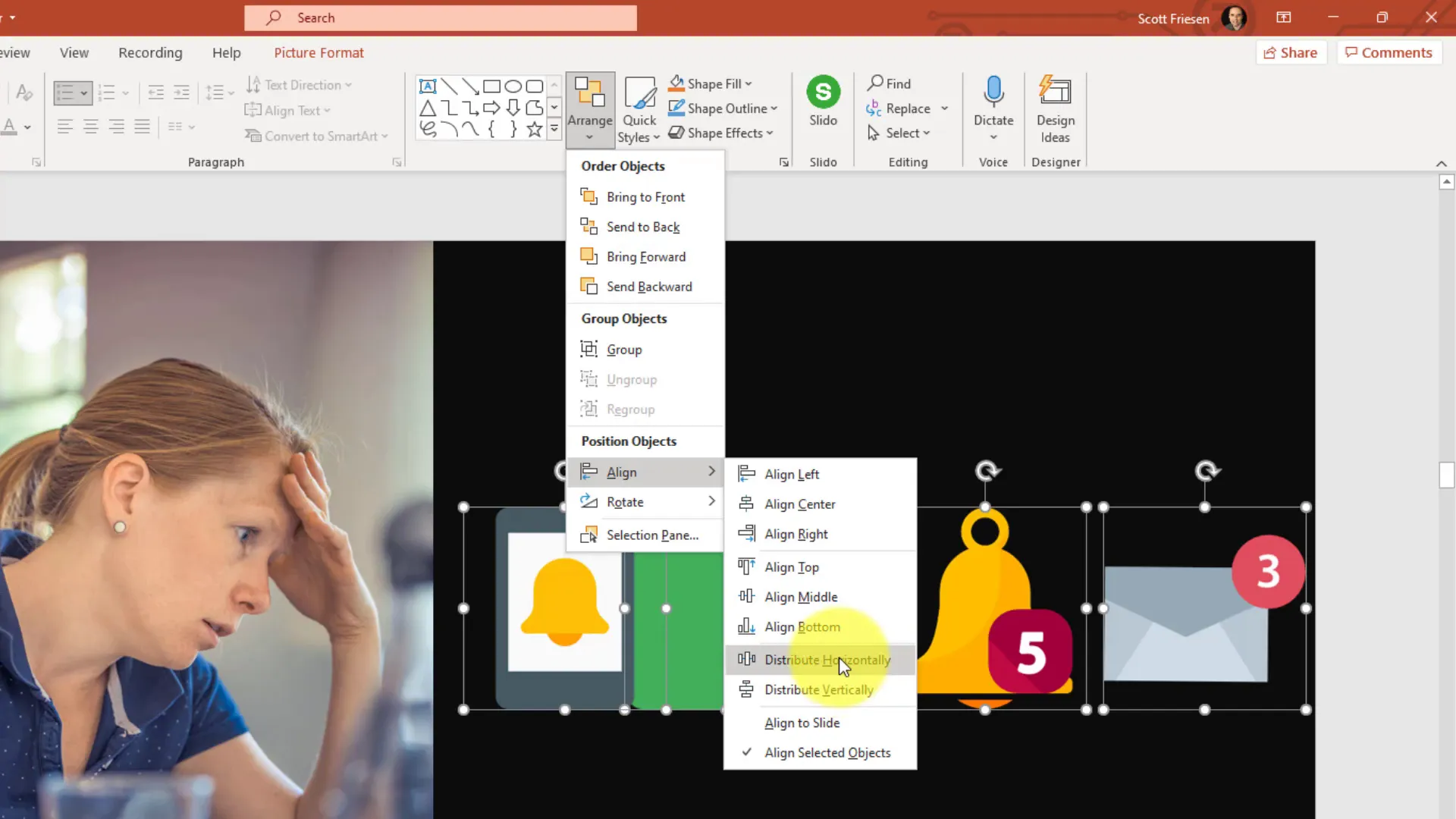 Align and distribute options in PowerPoint for slide objects