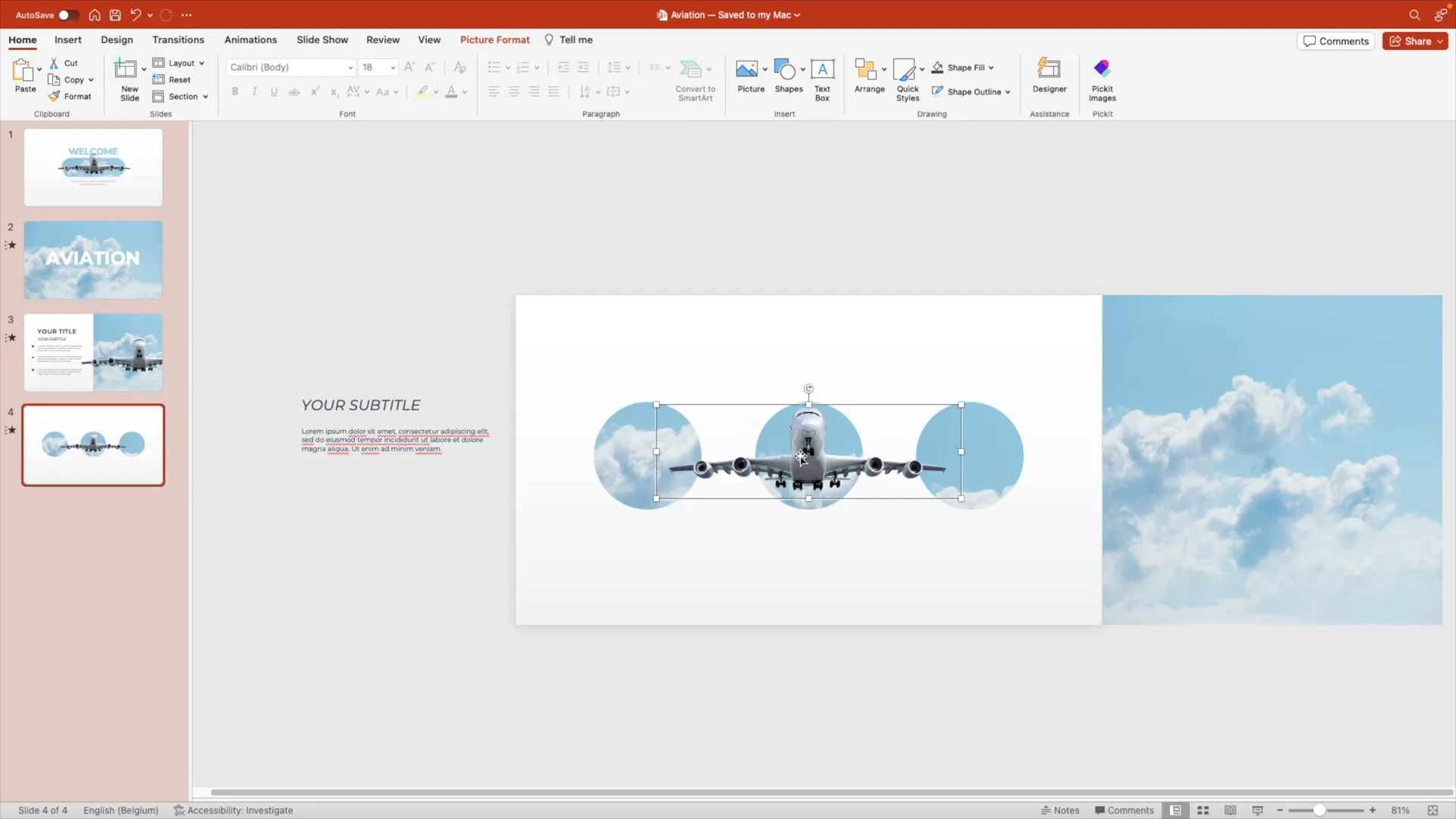 Slide with circular image masks and airplane positioned in front