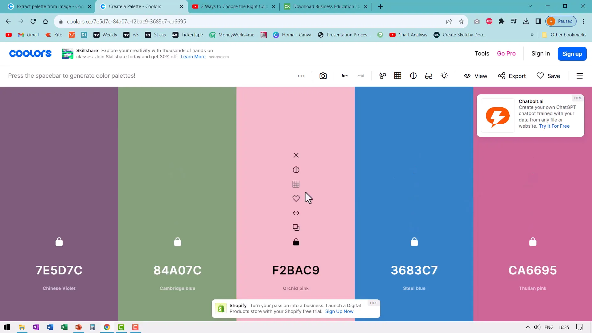 Selecting sixth color in Coolors generator to complete palette