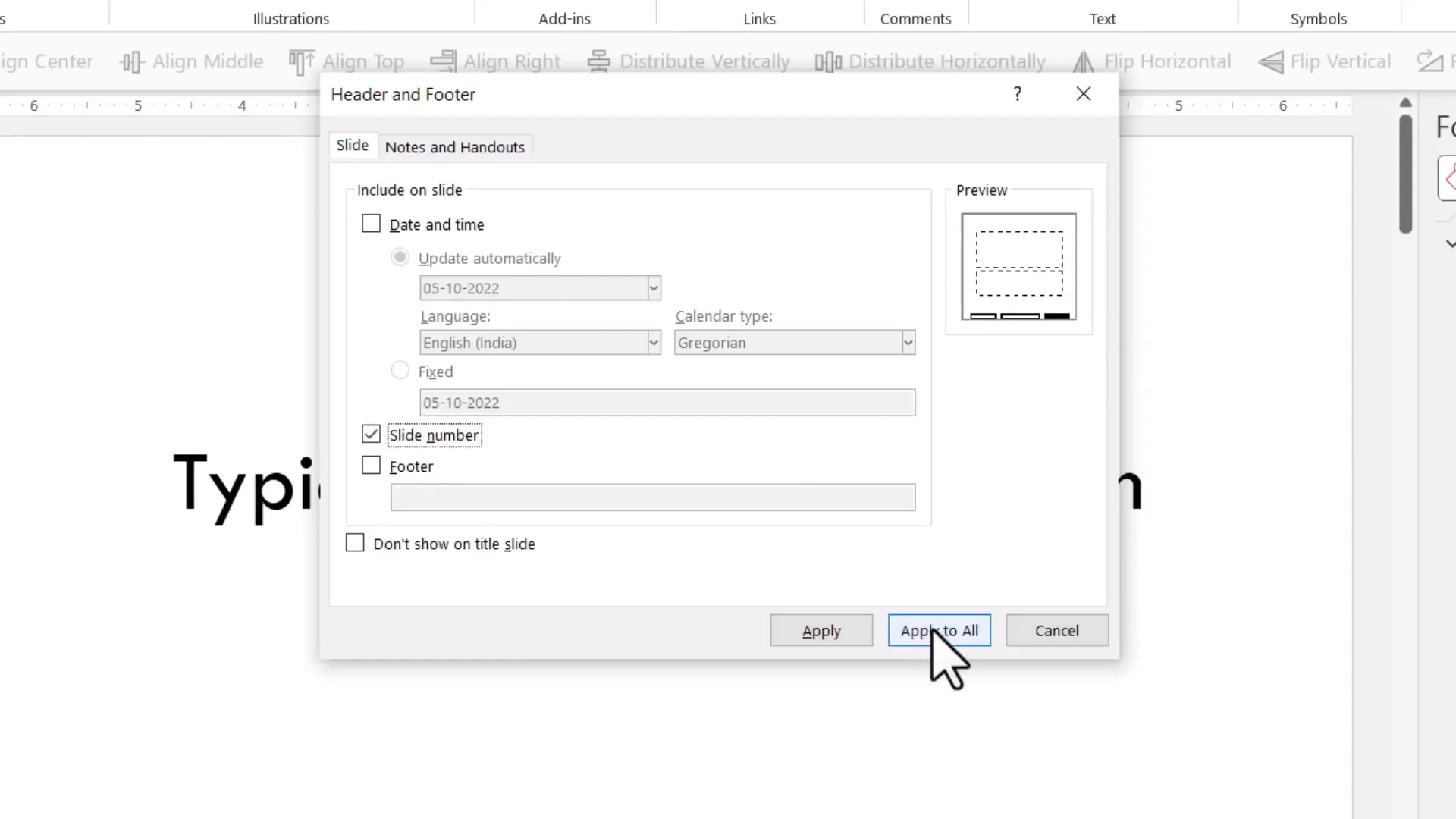 Dialog box for inserting slide numbers